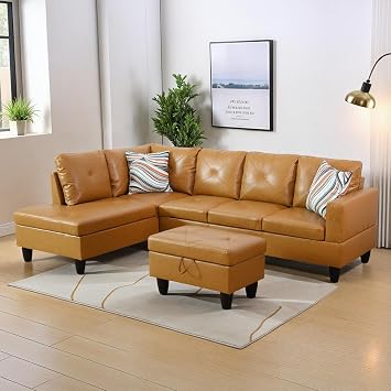 Faux Leather Sectional Couches for Living Room Furniture Sets Luxury Comfy L Shaped Sectional Sofa Set 3 Pieces with Chaise Storage OttomanFacing Left Chaise,Ginger