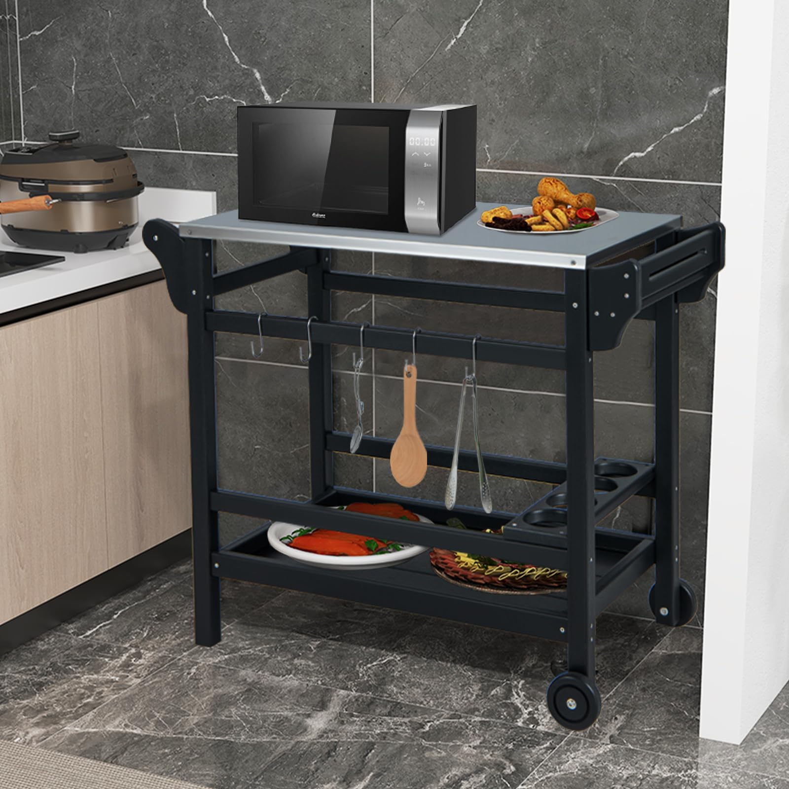 KOMFOTTEU Carro de Barbacoa con Encimera de Acero Inoxidable, Carrito de Jardín con 2 Ruedas, Estante para Botellas, Bandeja Inferior, 5 Ganchos, Mesa de Preparación de Alimentos para Picnic, Patio