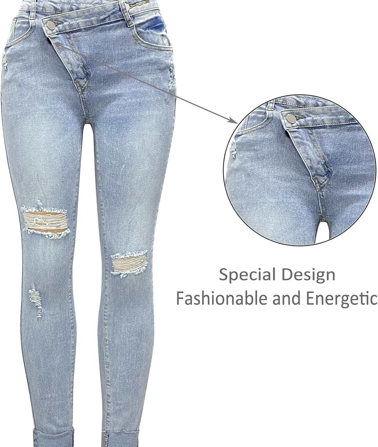 Women's Asymmetrical Ripped Jeans Trendy Stretch Skinny Boyfriend Jean Distressed Denim Pants for Women