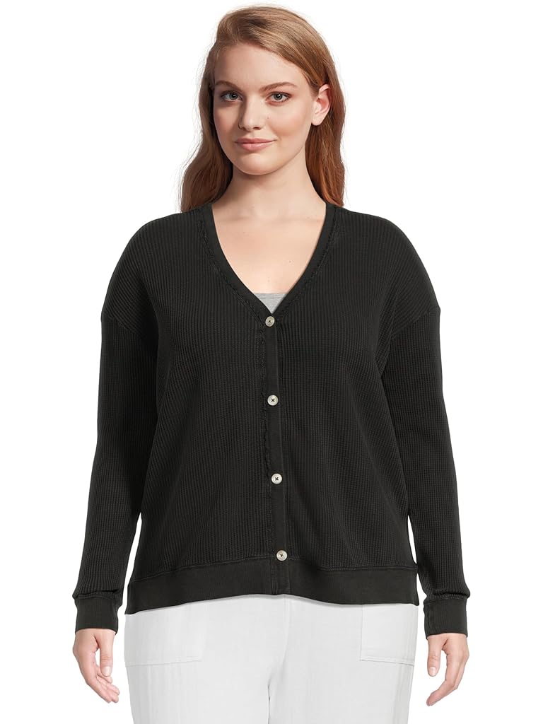 Black Mod-o-doc Long Sleeve Button Front Waffle Cardigan