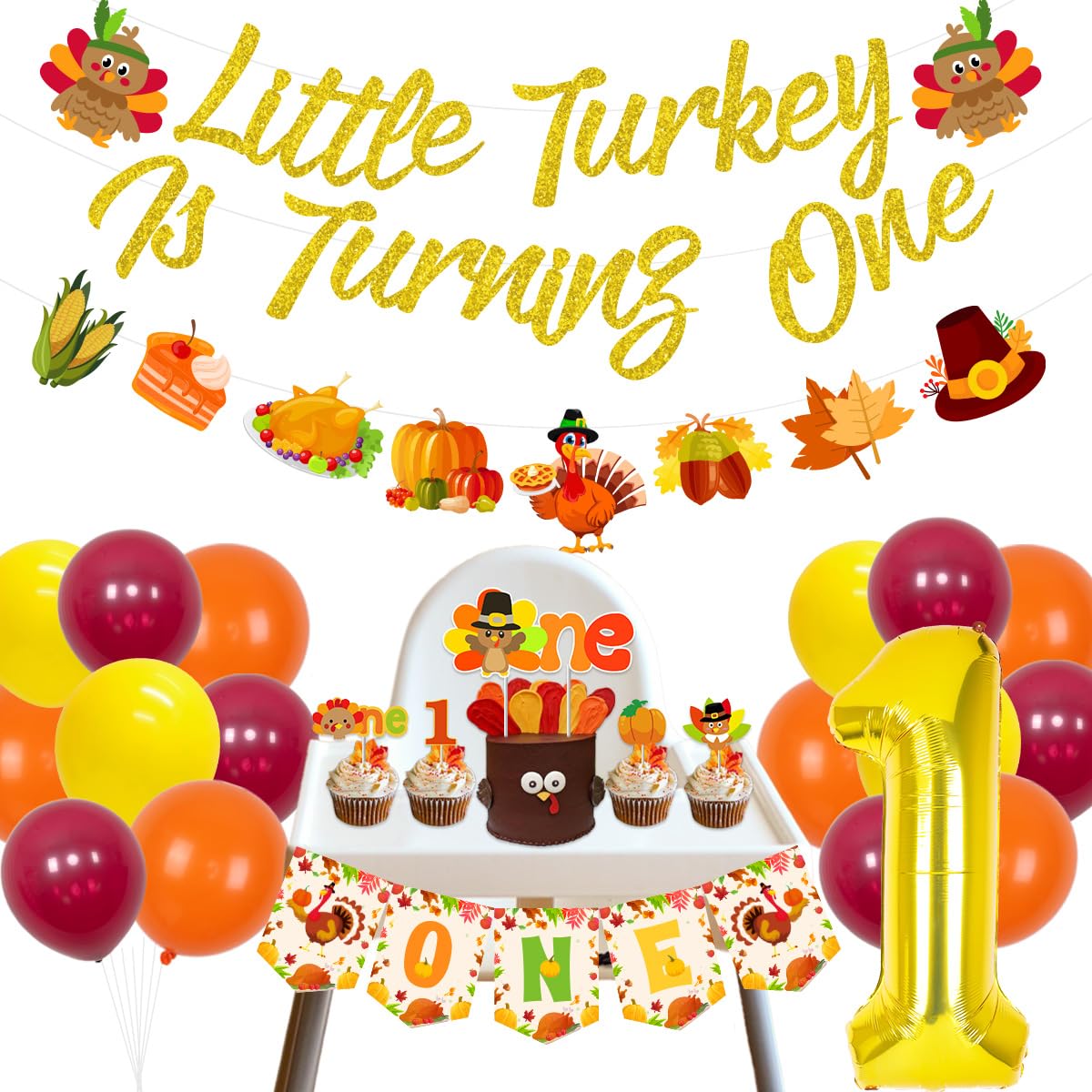 Amazon.com: Thanksgiving 1st Birthday Party Decorations Little Turkey is  Turning One Banner Fall Theme Garland Balloons One Cake Topper High Chair  Banner Set for Boys or Girls Autumn First Birthday Party Supplies :