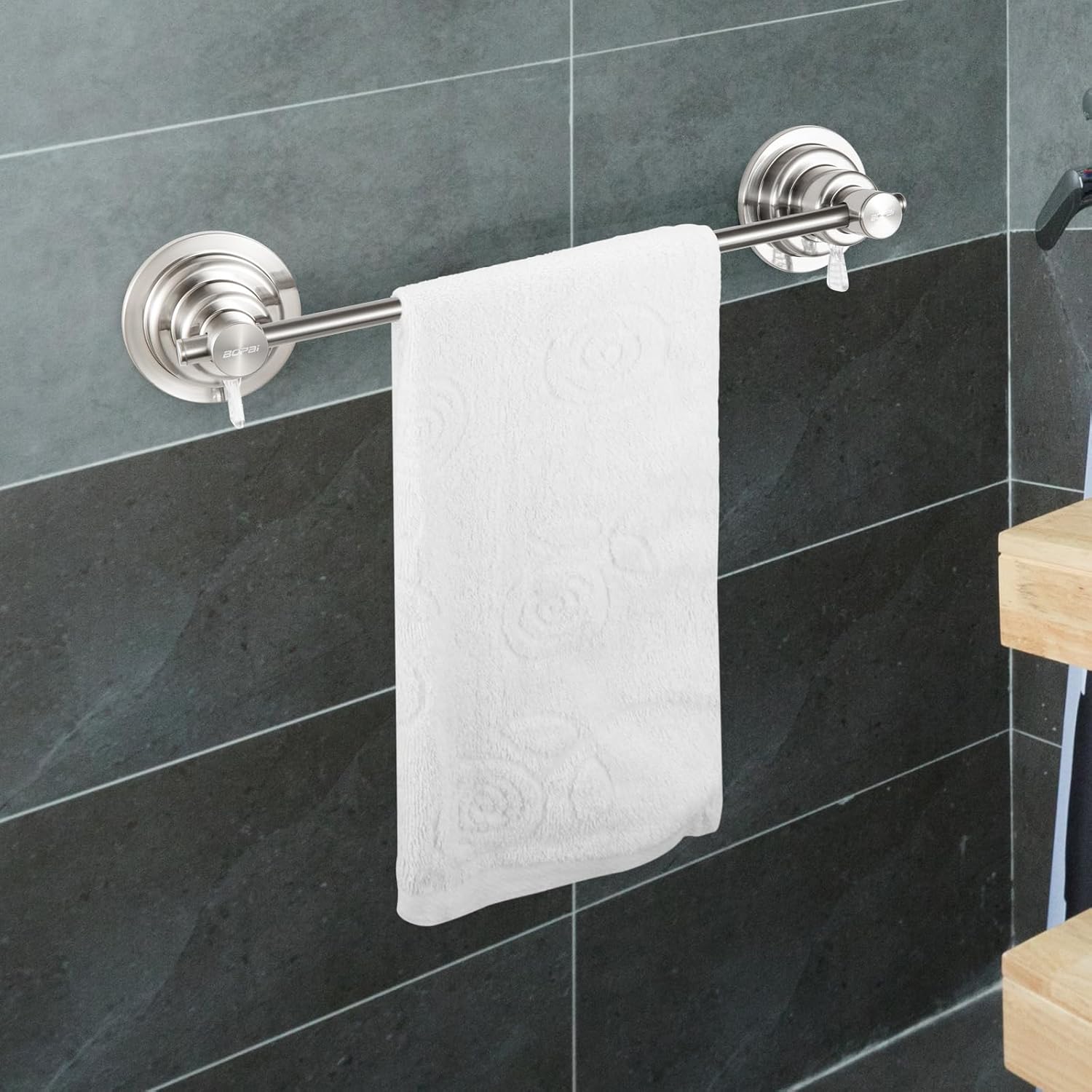 BOPai Extendable Suction Cup Towel Bar 17-28.5", Removeable Shower Door Mat Rod, Brushed Nickel - Image 5