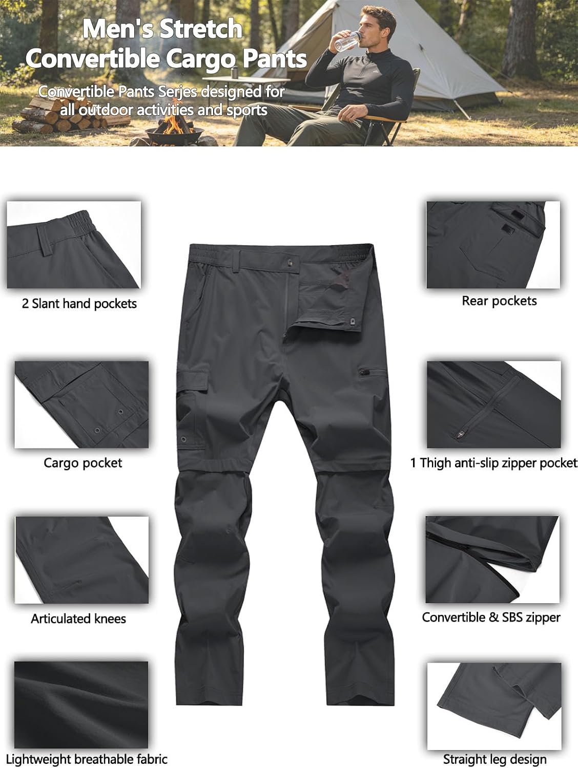 Mens Hiking Pants Convertible Fishing Cargo Pants Quick Dry Zip-Off Water-Resistant with 7 Pockets
