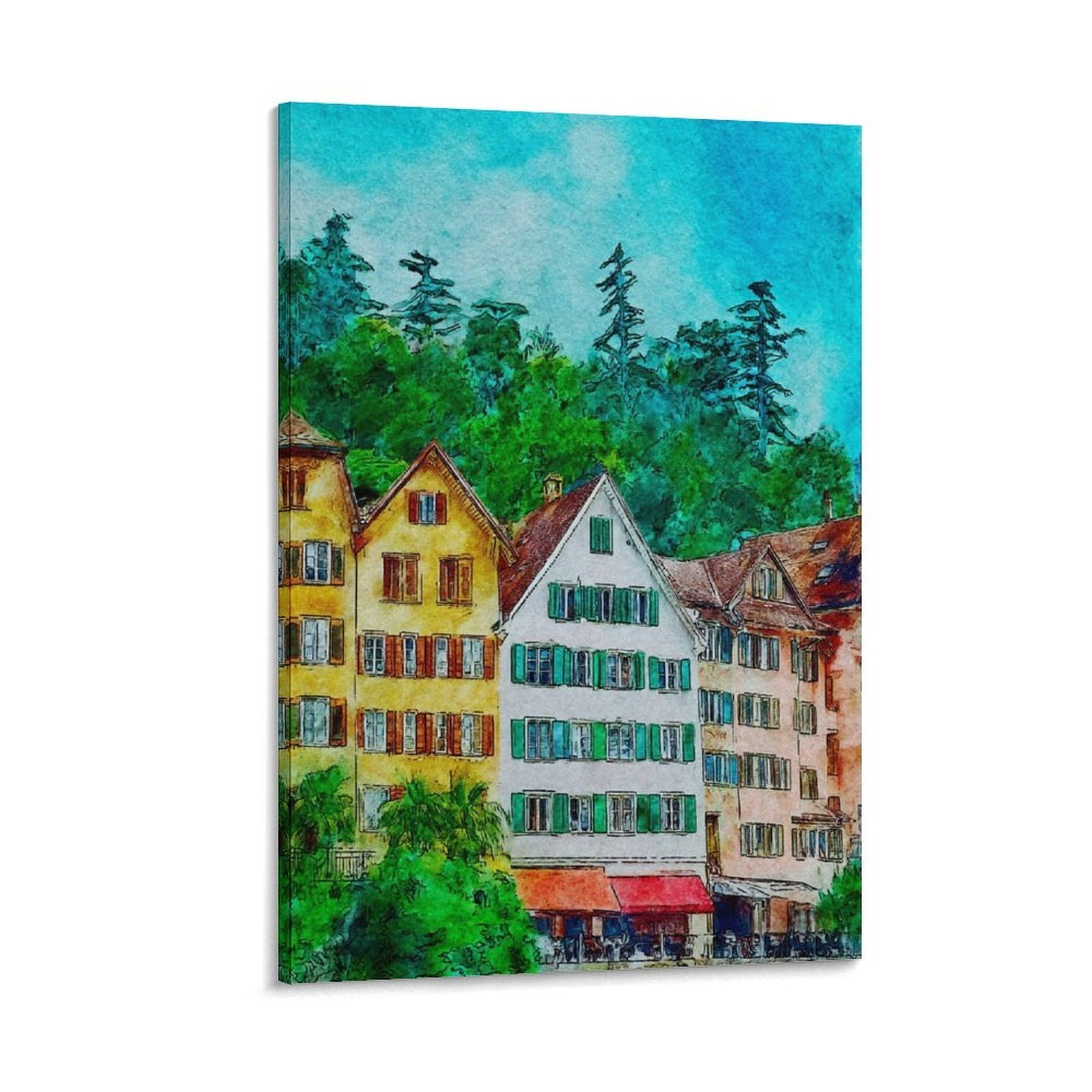 Cnaheiz Frame-Style Tubingen Germany 24X36inch(60X90cm) Vintage Travel Poster Watercolor Canvas Art
