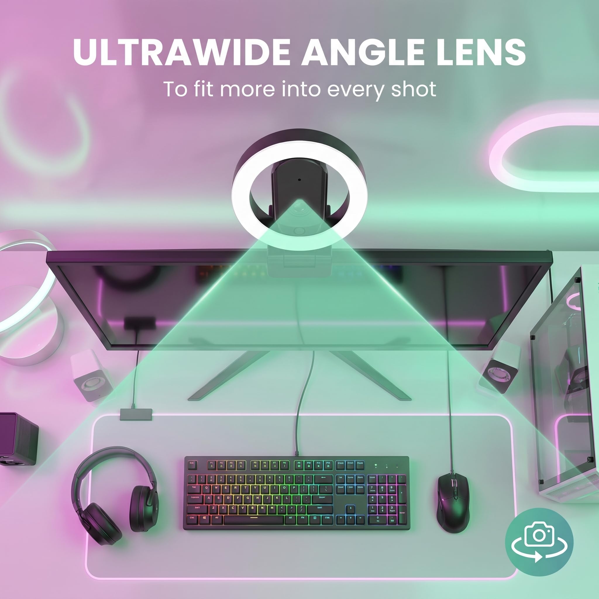 Cámara web 4K Ultra HD con micrófono, luz de relleno de 3 colores y cubierta de privacidad, cámara web de enfoque automático de gran angular de 90° con trípode y adaptador USB C, Plug & Play