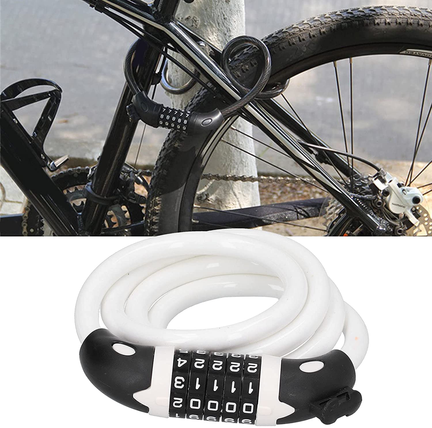 Candados para Bicicleta, candado de Cable con contraseña, código de 5 dígitos, combinación reiniciable, antirrobo, para Bicicleta, Motocicleta y Ciclismo (Blanco, 1,2 m)