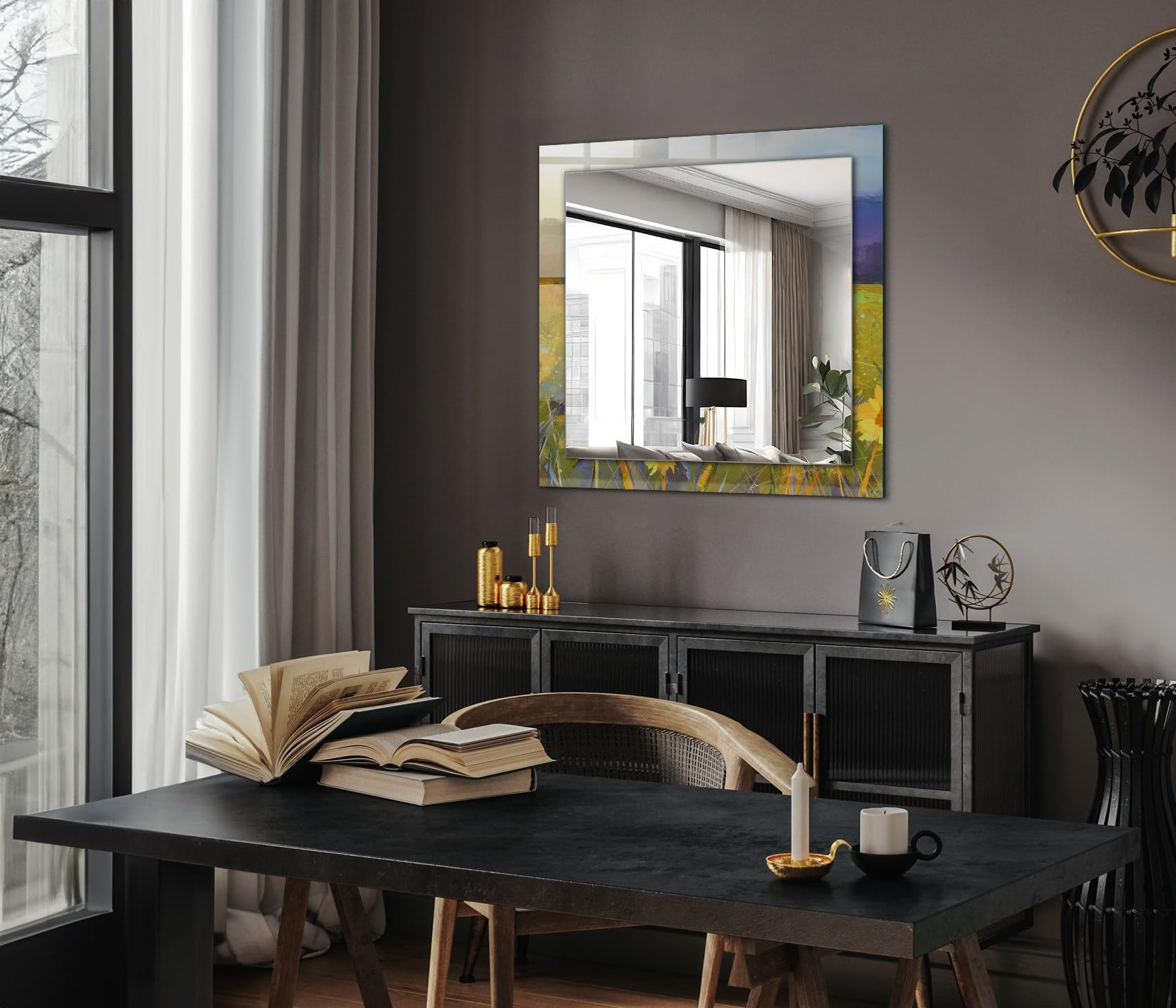 Minimalne prostokątne lustro 60 x 60 cm (23,6 cala x 23,6 cala) | szklana krawędź z nadrukiem dla współczesnego stylu - pole słonecznika