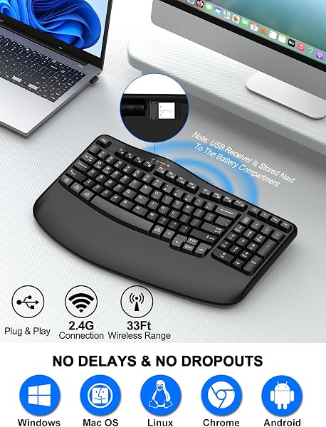 Ergonomic Wireless Keyboard with Wrist Rest, Wave Keys, Comfortable Natural Typing, 2.4GHz Ergo Wireless USB Computer Keyboard for Large Hands, Windows, Mac, Laptop, PC - 5