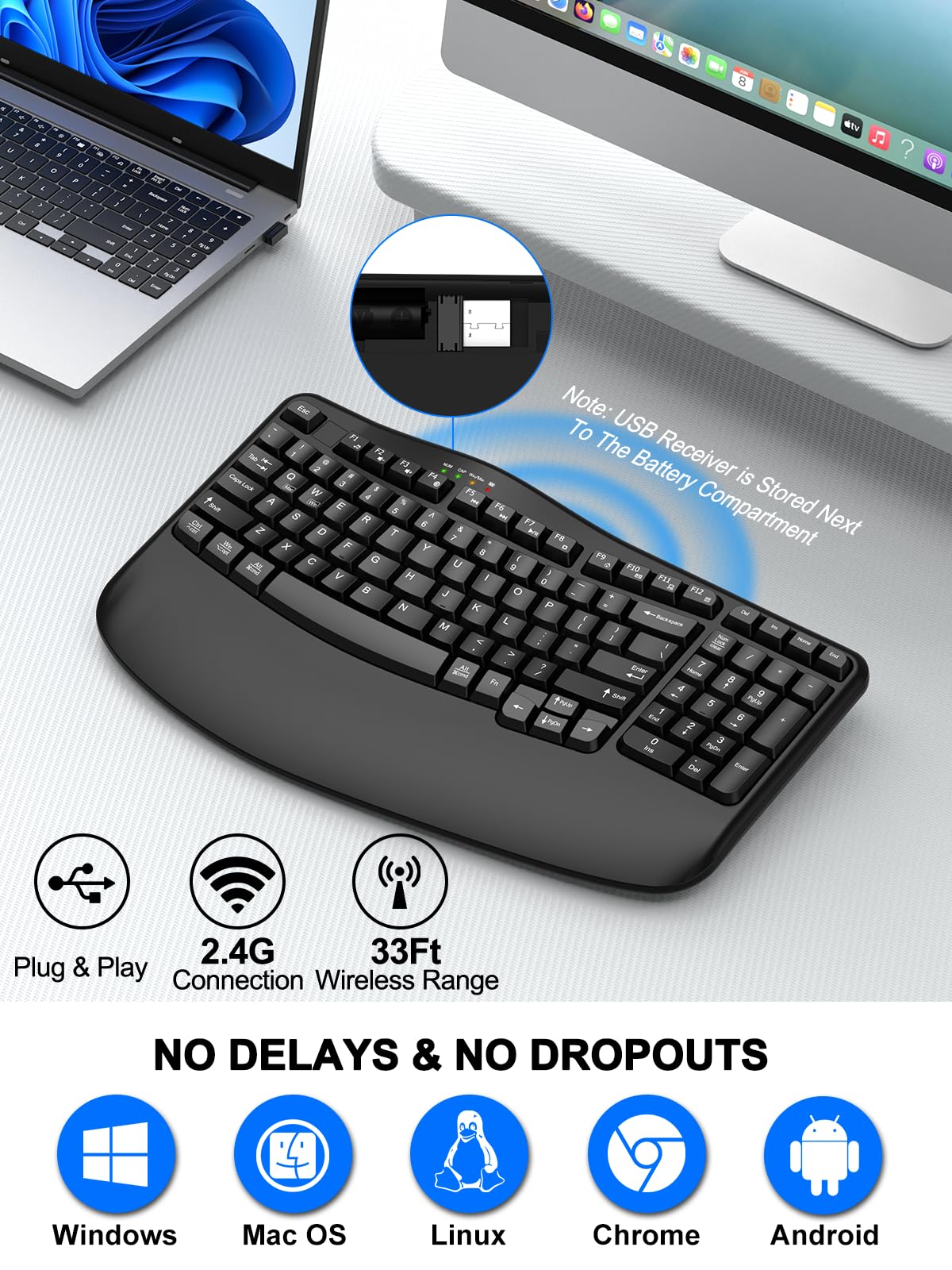 EDJO Teclado inalámbrico ergonómico con reposamuñecas, teclas onduladas, escritura natural cómoda, teclado inalámbrico Ergo de 2.4 GHz para computadora, Windows, Mac OS, portátil, PC (negro)