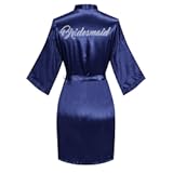 Women&apos;s Satin Robe Short Kimono for Bride & Bridesmaid with Silver Rhinestones&comma; Wedding Party Robes