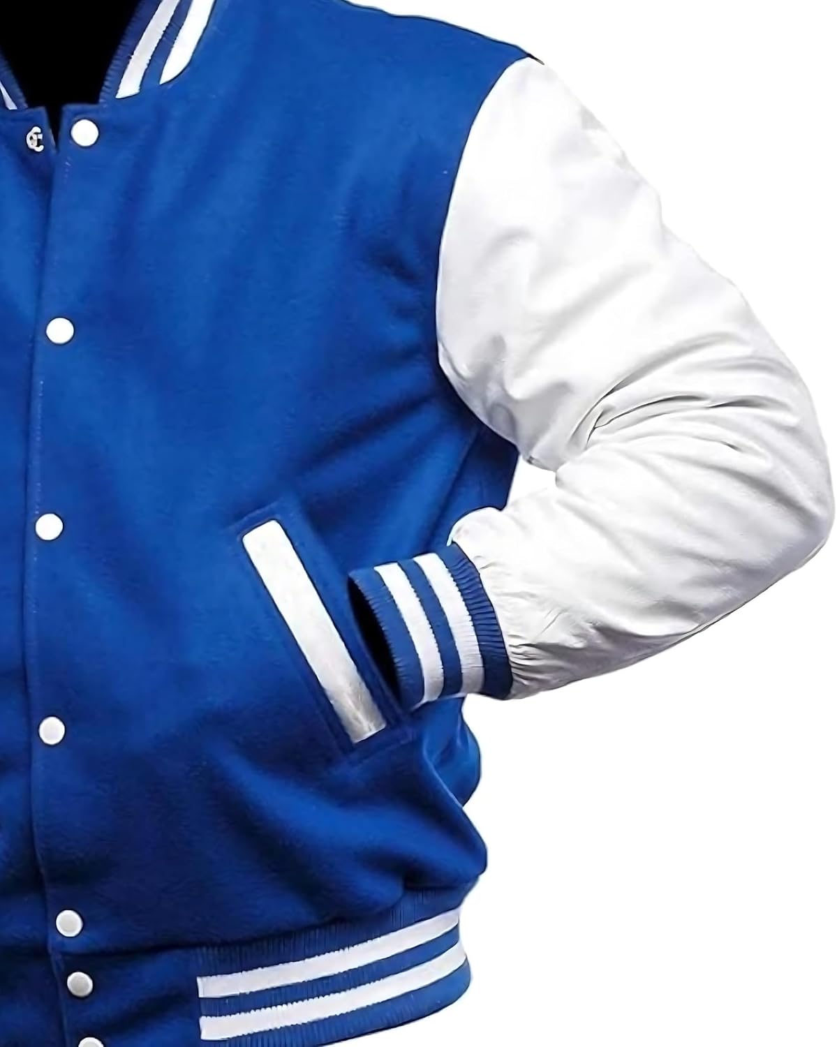 Men's Blue Varsity Jacket Genuine white Leather Sleeves Wool Blend Letterman College Bomber Coat XS-3XL