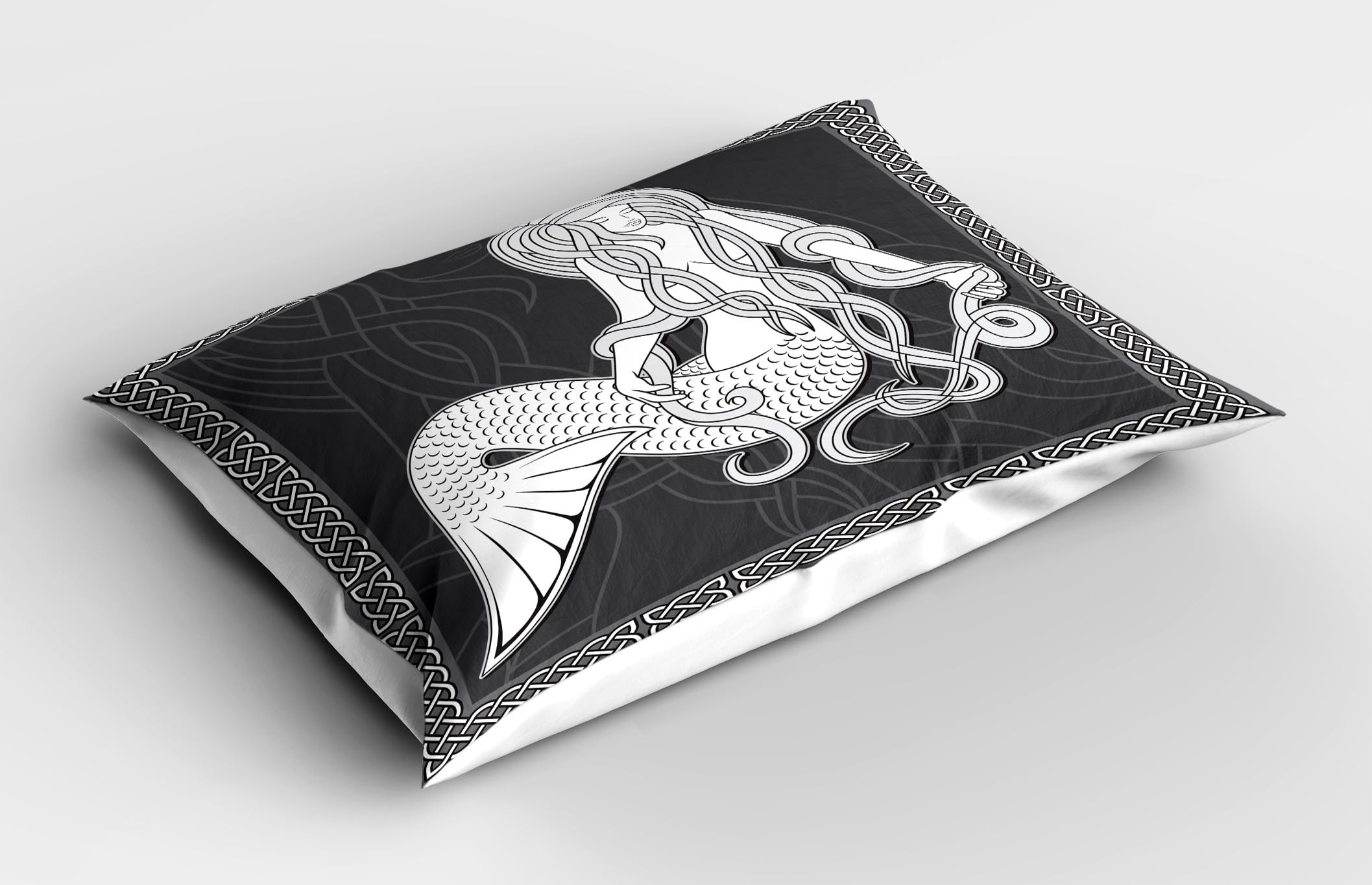 Ambesonne Mermaid Pillow Sham Set of 2, Retro Art Illustration of a Girl Brushing Hair and Border Celtic Patterns, Quality Microfiber Bedding Item for All Seasons, 36