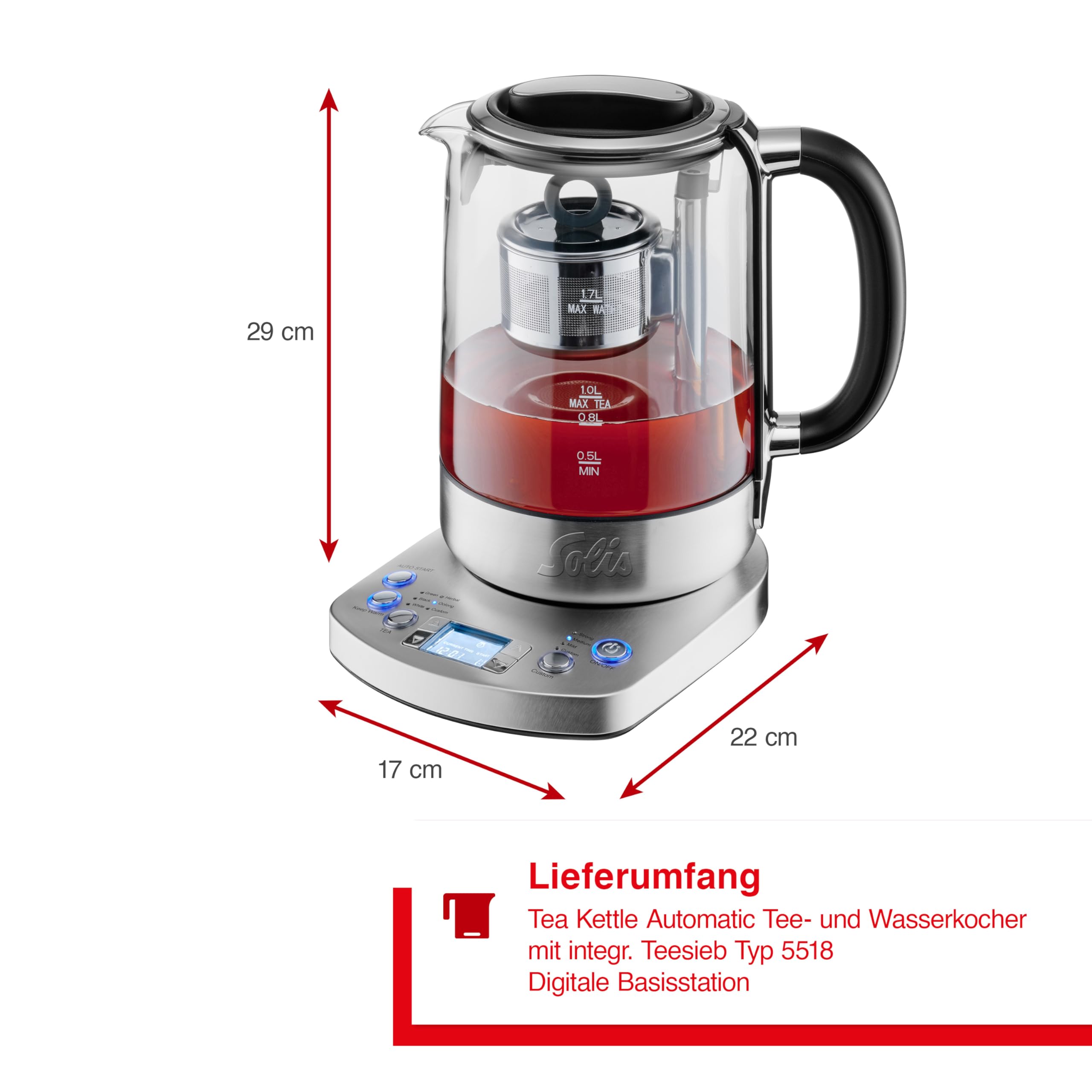 Solis Tea Kettle Automatic 5518 - Wasserkocher mit Temperatureinstellung - Teekocher - Timerfunktion - Integriertes Teesieb - 1,7 Liter Kanne