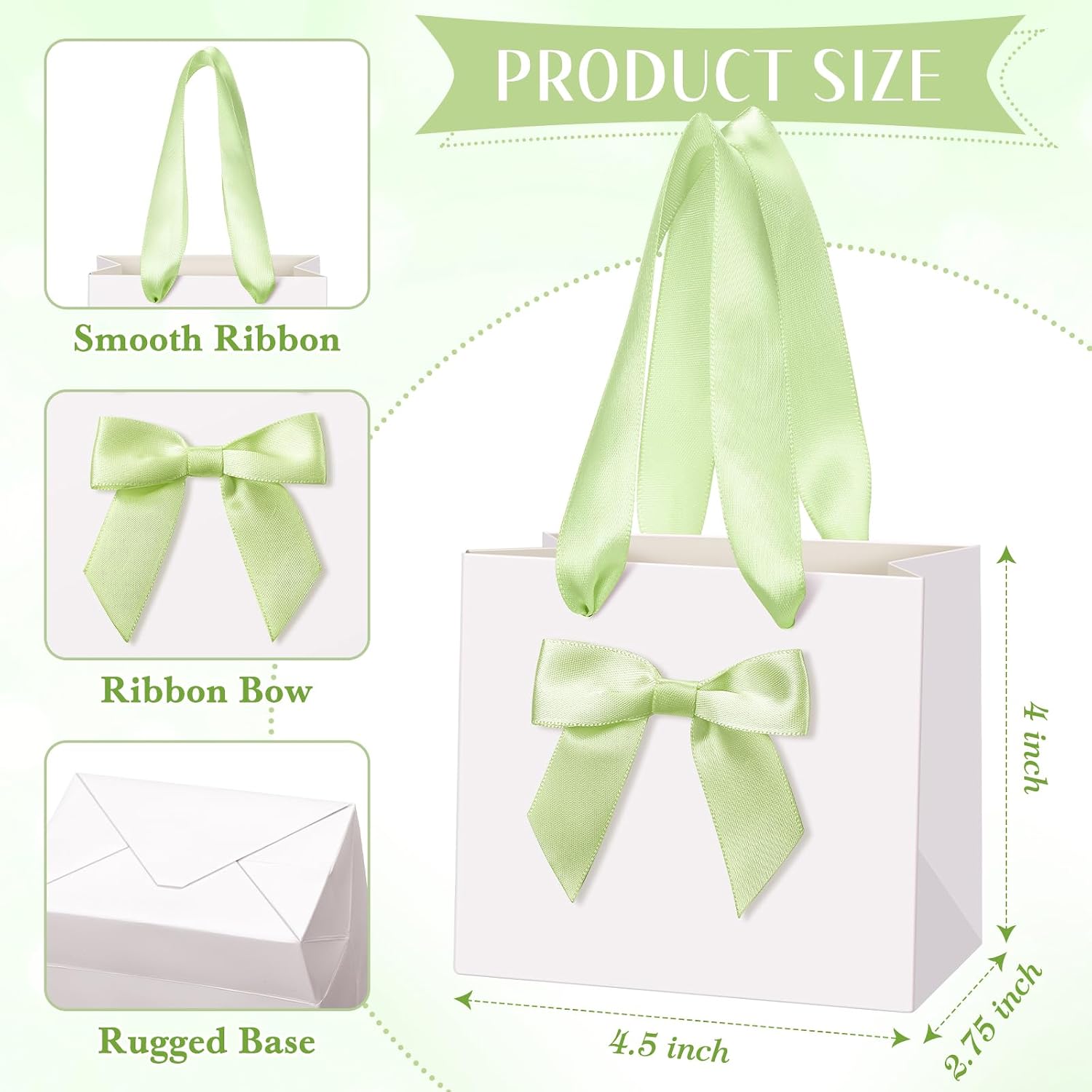 Kolldenn 50 Pcs Small White Gift Bags Bulk with Green Bow Ribbon Handles image 3