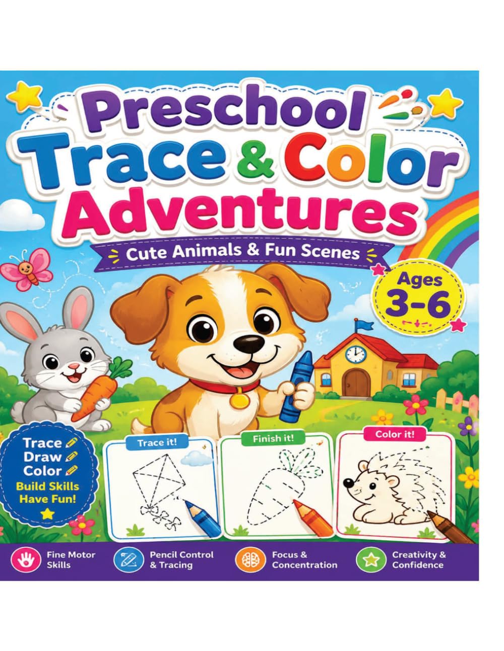 Preschool Trace & Color Adventures: Cute Animals & Fun Scenes for Kids Ages 3–6 (83 Pages)
