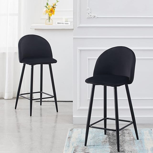 LEMROE Bar Stools Set of 2 Velvet Upholstered Seat with Backrest and Footrest Counter Bar Stool with Metal Legs Kitchen Breakfast Bar Stools Home Dining Room Furniture (Black, Seat Height 65cm)