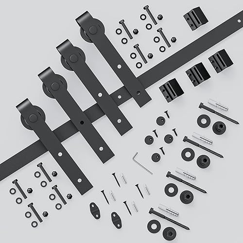Miniatura 7 de Signstek Kit de riel de herrajes para puerta corredera doble de granero de 10 pies, uso de losa de madera, para garaje, cocina, dormitorio, ajuste