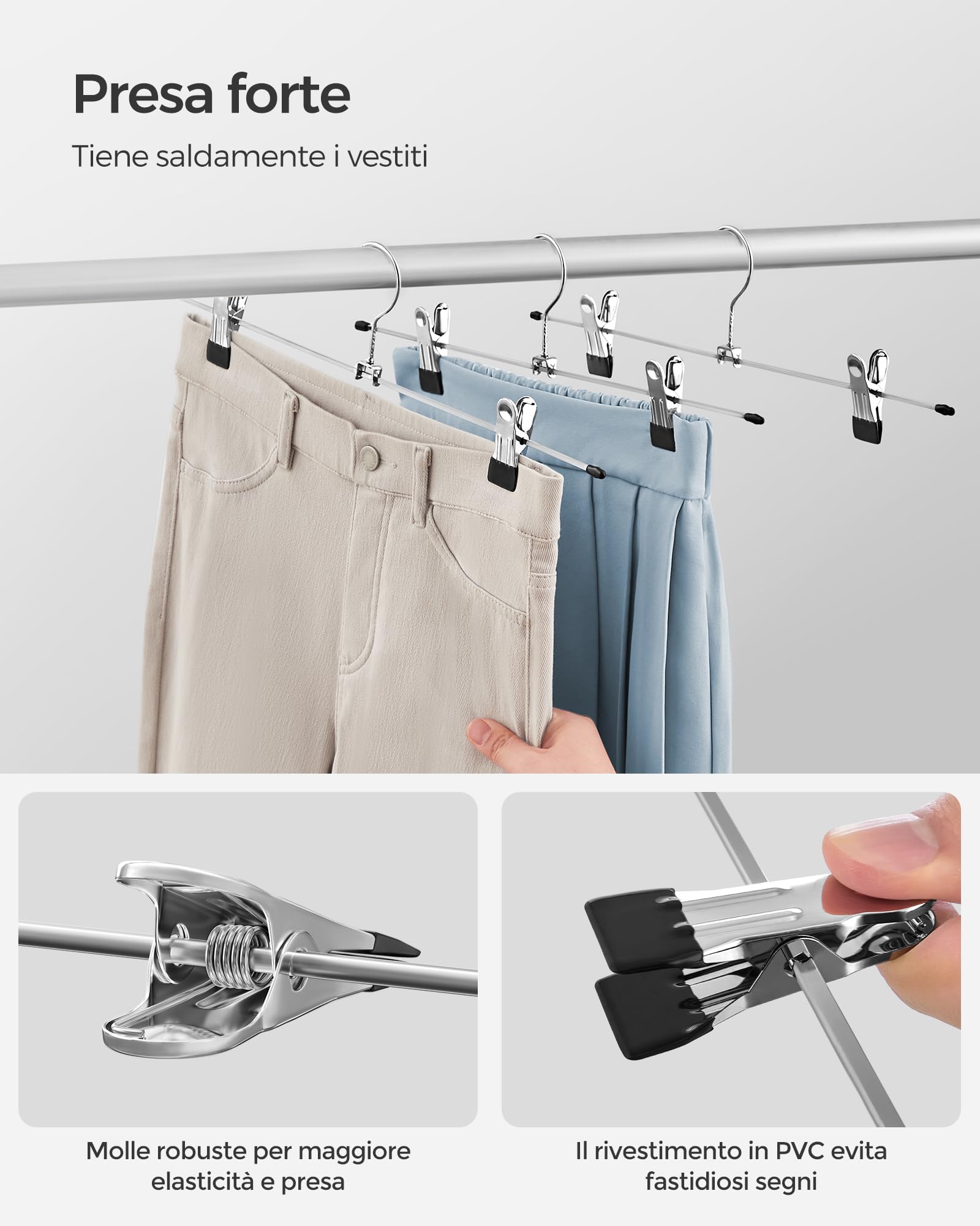 SONGMICS Grucce Pantaloni in Metallo, 20 Pezzi, Grucce Appendiabiti con Pinze per Gonne Calze, Lunghezza 40 cm, Capacità di Carico Elevata, Cromato, Argento Metallizzato e Nero Inchiostro CRI006-20