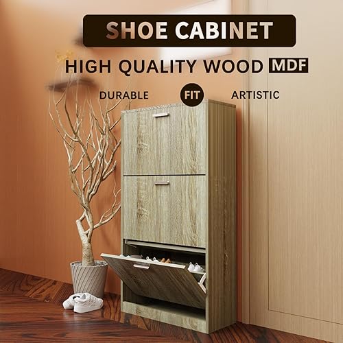 Miniatura 5 de Zapatero con 3 cajones abatibles, organizador de zapatos, armario de zapatos para entrada con estante ajustable, almacenamiento oculto de zapatos