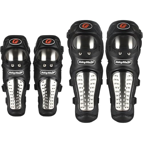 GES Knee Pads Motorcycle - 4Pcs Adults Alloy Steel Motorcycle ATV Motocross Elbow Shin Guards Protector Motocross Racing/Adult Knee (Long)