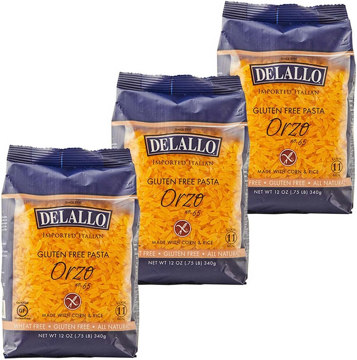 DeLallo Gluten Free Orzo Pasta, 12 oz Bag, (3 Pack), Made with Corn and Rice Flour, Handcrafted in Italy, Non-GMO, All Natural, Kosher