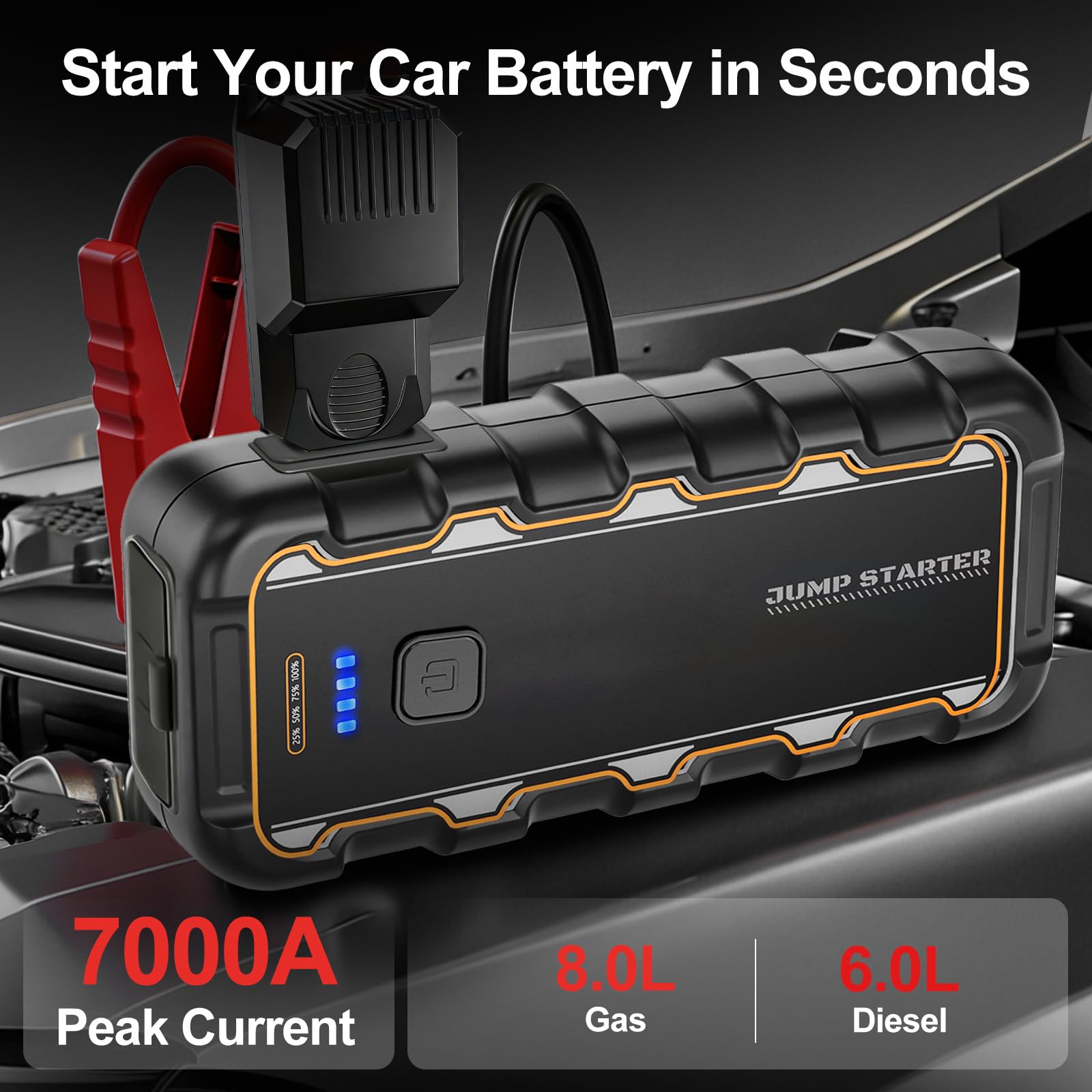 Arrancador de Batería de Coche 7000A, para Gas 8.0L/Diésel 6.0L, 12V Arrancador de Coche Portátil con Carga Rápida USB y Pinzas para Batería, Funciona en Frío Extremo, para Auto, Moto, Bote, Camping