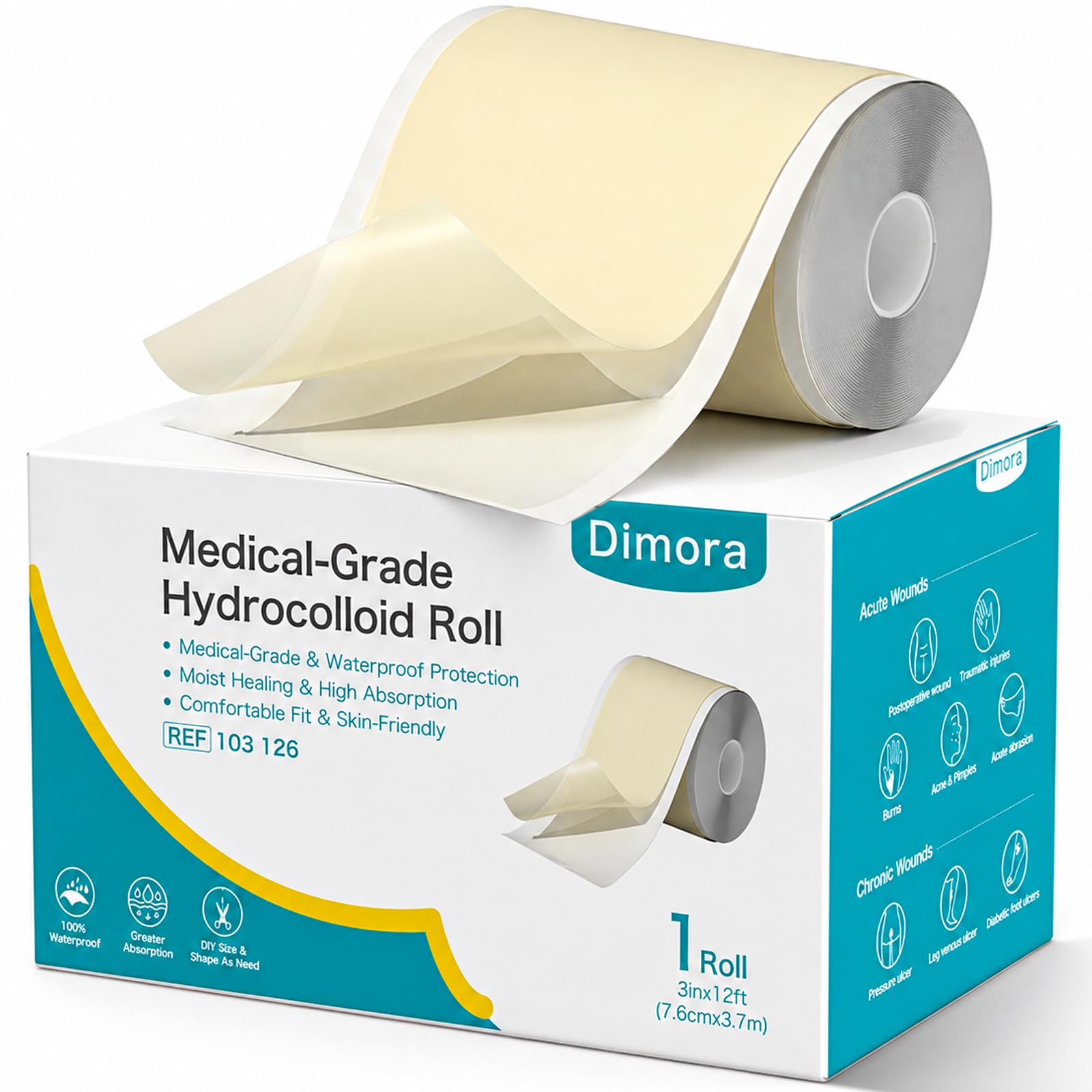 Dimora Hydrocolloid Bandage Roll (3in*12ft), Highly Absorbent Hydrocolloid Dressings for Wound Care, Burn, Blister, Pimple Patches for Acne Care, Waterproof &amp; Cut to Size