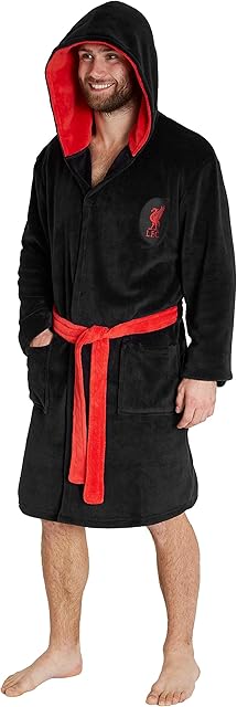 Liverpool F.C. Dressing Gown for Men, Mens Fleece Hooded Robe, Football Gifts