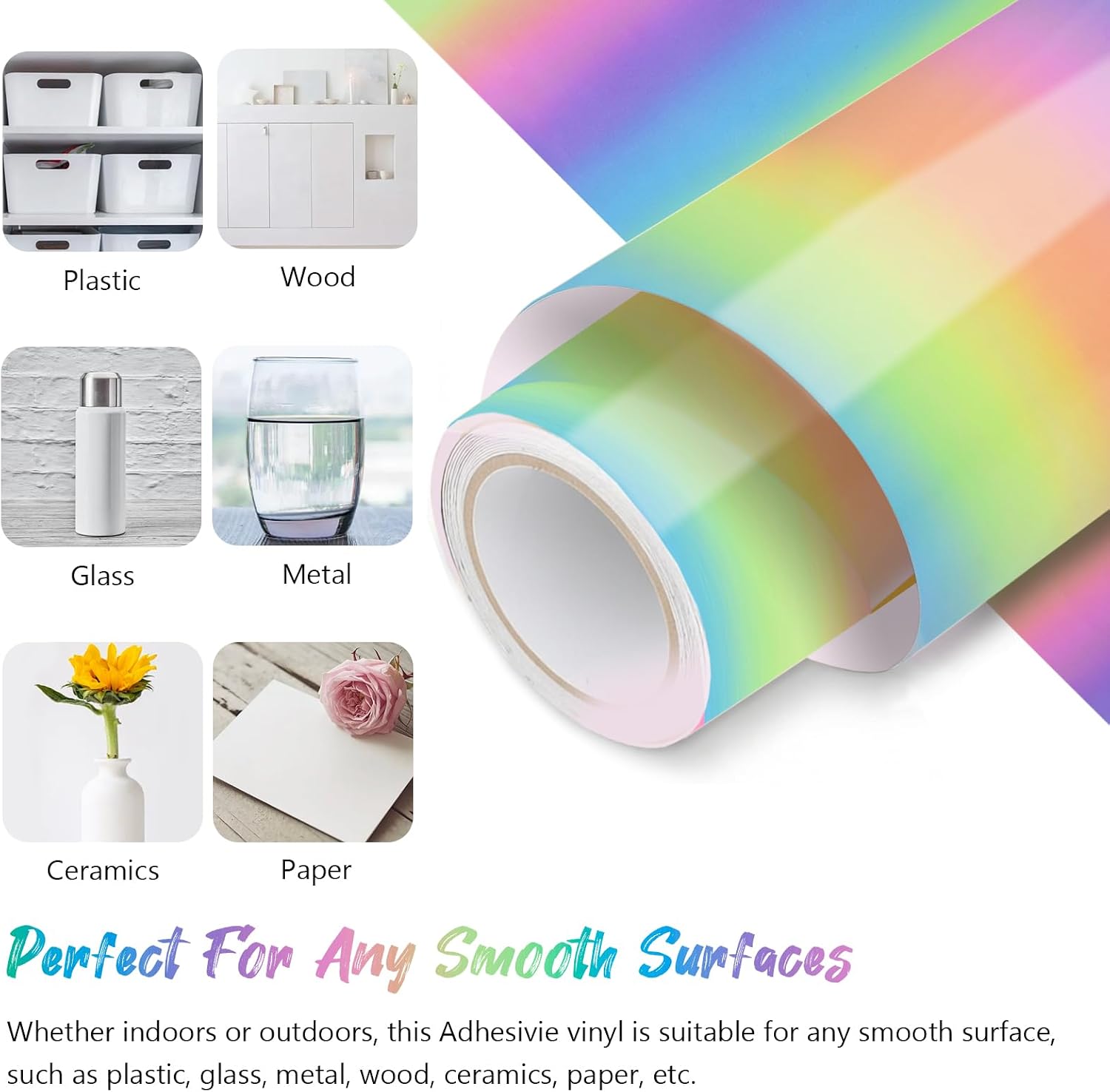 Rainbow Permanent Adhesive Vinyl Roll, 12" x 6FT Gradient Craft Vinyl for Home Decor, Tumblers, Mugs, Car Decals & DIY Crafts