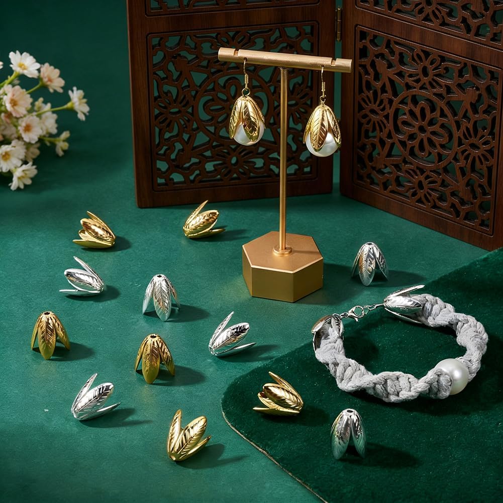 PH PandaHall 24pcs 2 Colors Flower Bead Caps 4-Petal Flower End Cap Metal Tassel Caps Golden Silver Brass Bead Cap for Tassel Jewelry Making Earrings Necklaces Bracelet DIY Crafts Home Decoration