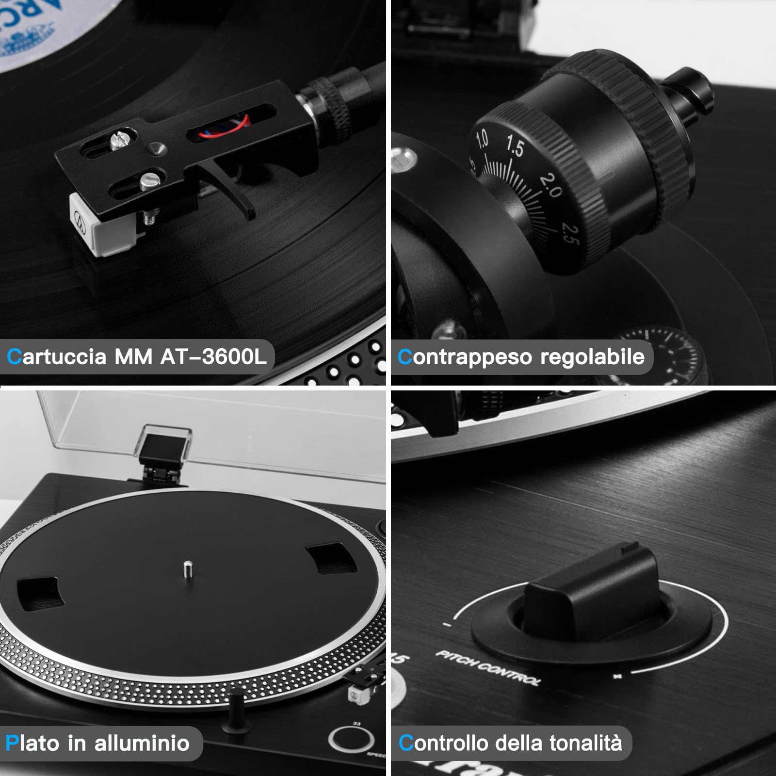 PR-101 Giradischi a Cinghia 2 Velocità 33/45 RPM, Cartuccia Magnetica Mobile AT-3600L, Connessione Wireless, Preamplificatore Phono Integrato