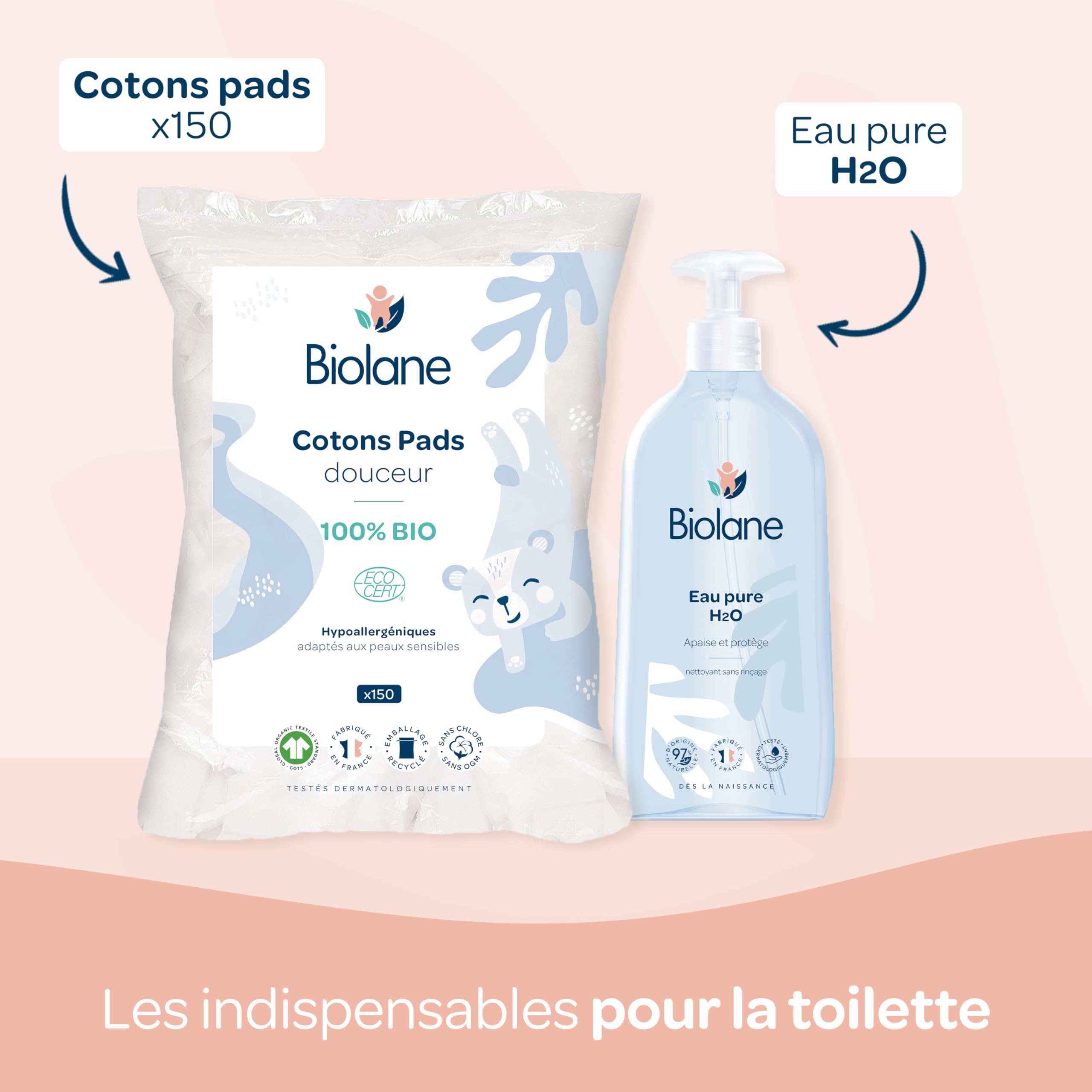 BIOLANE - Set zur Geburt der ersten Tage – Baby – 216 Tücher – reines Wasser – Waschgel – Liniment – Creme wechseln – Baby-Set – für empfindliche Haut –