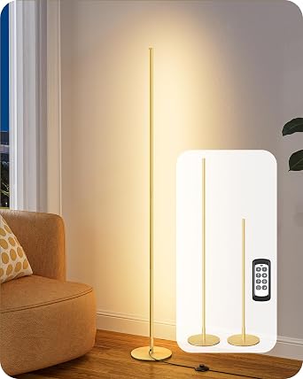 EDISHINE Corner Floor Lamp, 59.8" Standing Lamp with 3 Height Settings, Adjustable Color Temperature & Stepless Dimming, Remote Control, Foot Switch, Slim Floor Lamps for Living Room, Gold