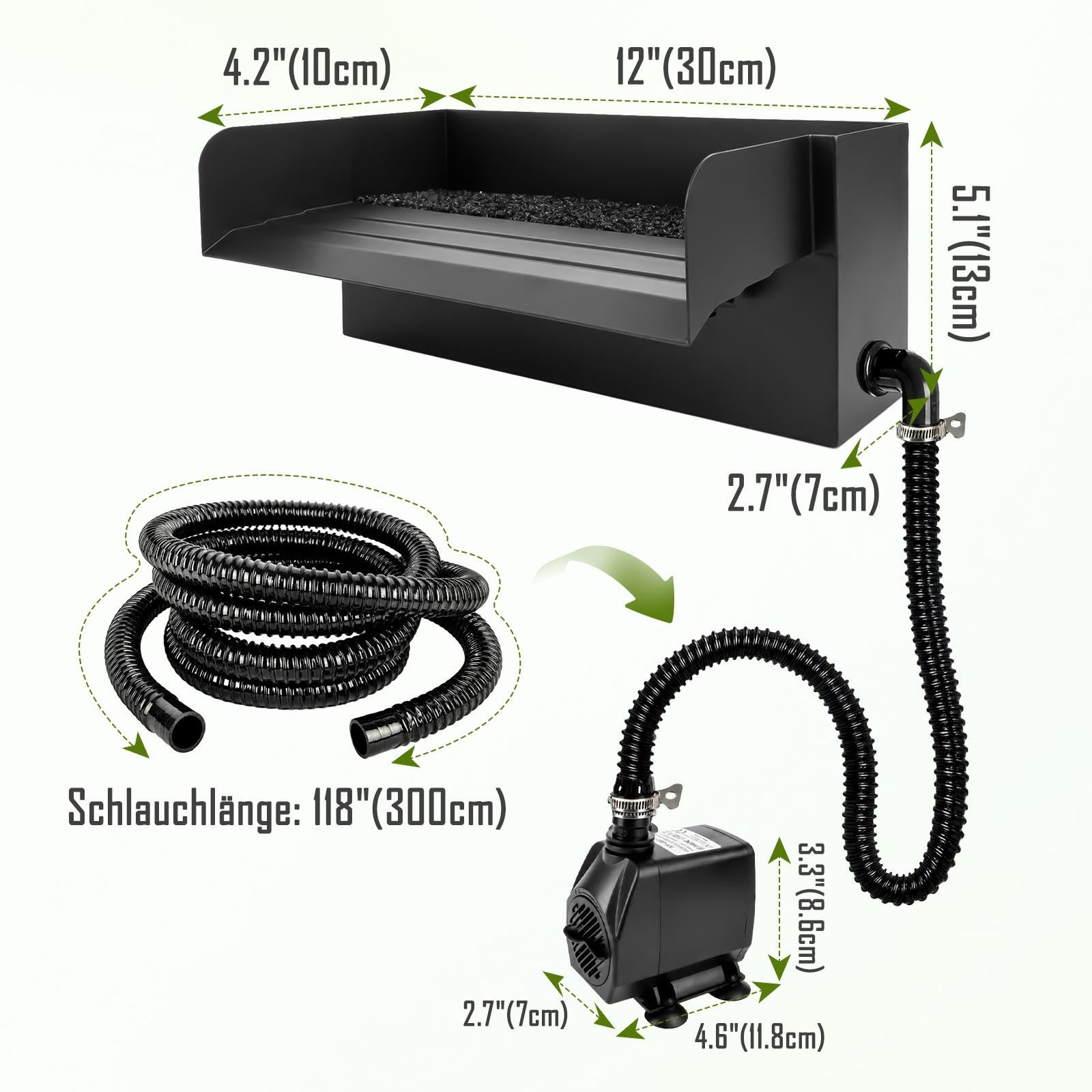 Edelstahl Wasserfall Set 30 cm 45 W 3500 L/h Pumpe 3 m Schlauch Garten Teich