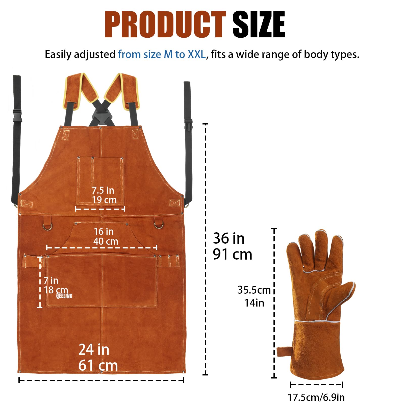 QeeLink Schweißschürze mit Schweißhandschuhe - Lederschürze mit 6 Taschen, Flammhemmende & Hitzebeständig Arbeitsschürzen