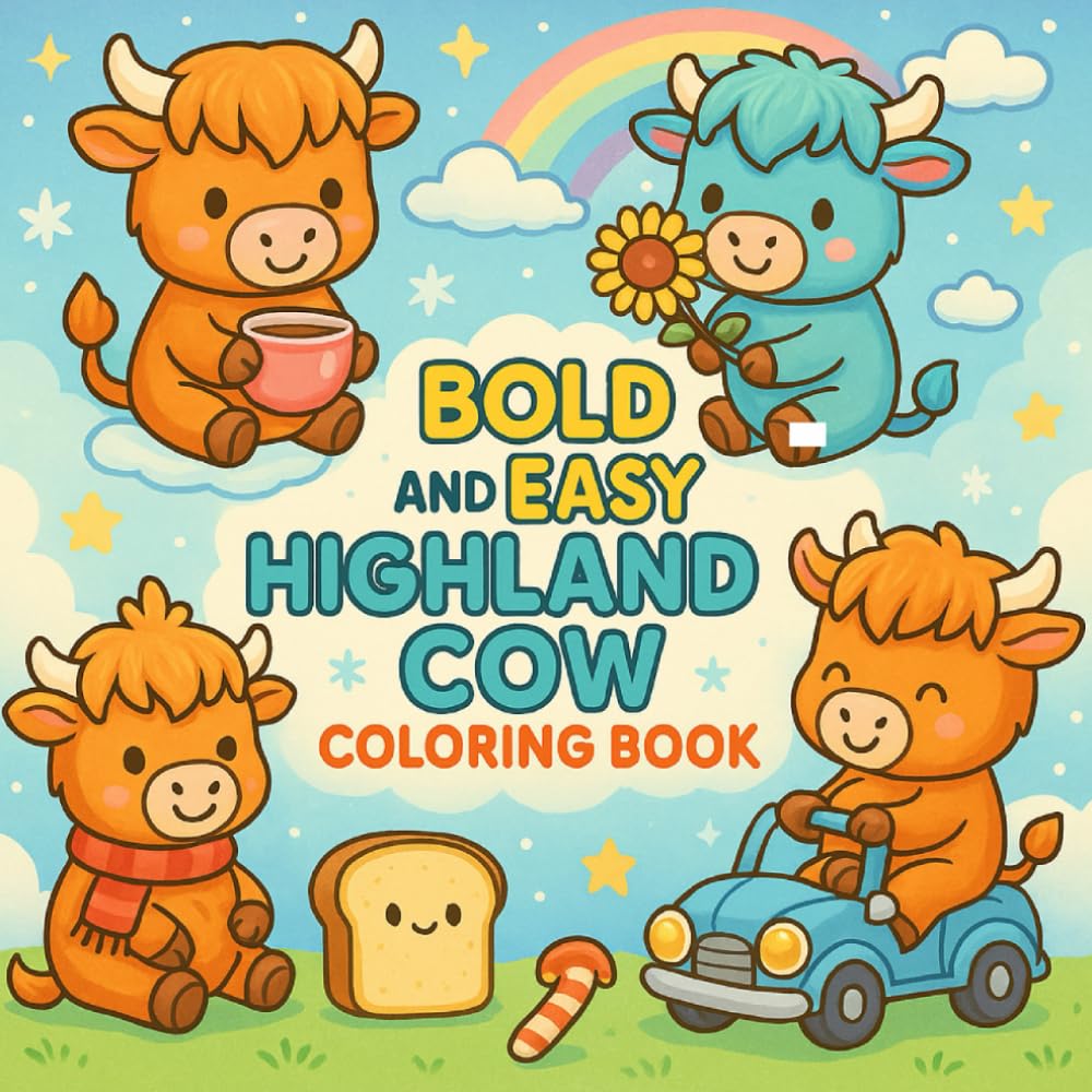 Bold & Easy Highland Cow Coloring Book: Large Print, Simple Designs, Cute Farm Cow Coloring Pages for Kids, Seniors & Beginners