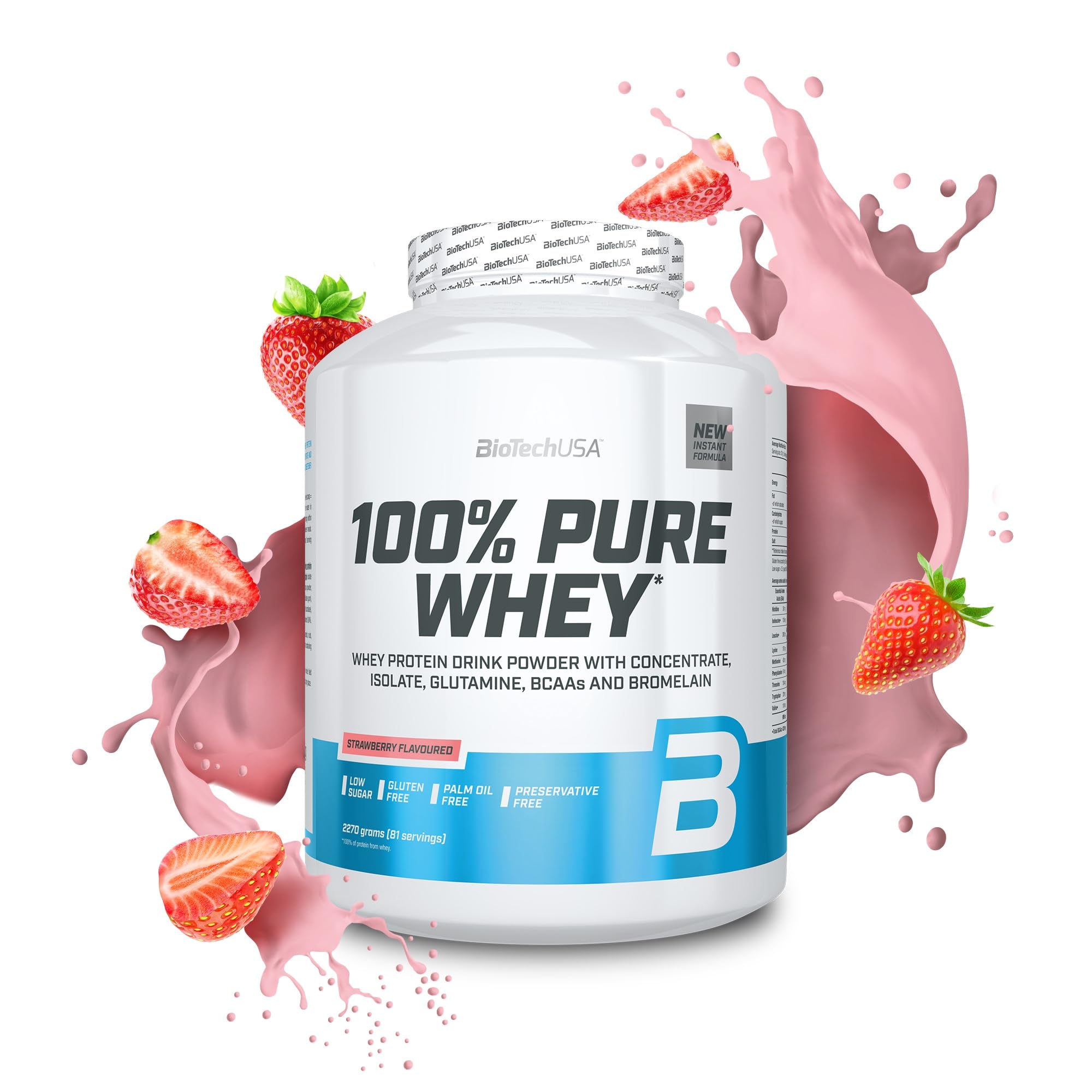 BioTechUSA100% Pure Whey | Protein Powder with BCAA and Glutamine | Gluten-Free, Palm Oil Free | 21g Protein per Serving, 2.27 kg, Strawberry