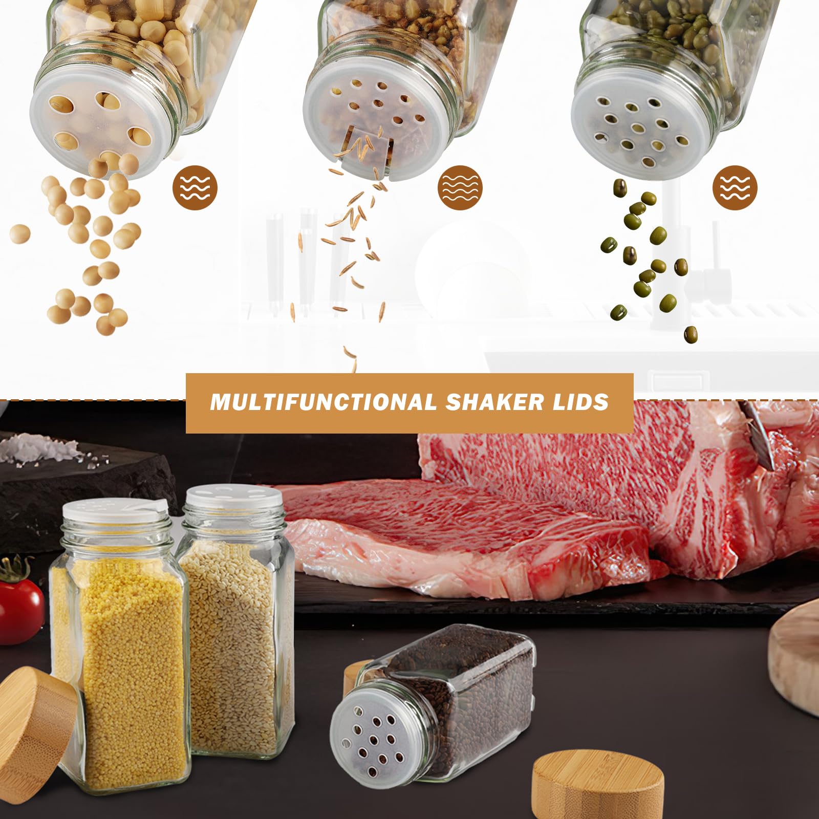 Pot à Épices en Verre et Bois, 12 Pièces Bocaux à Épices 120ml Boite à Épices Verre pour Cuisine Rangement avec Étiquettes Epices Tamis Entonnoir Brosse