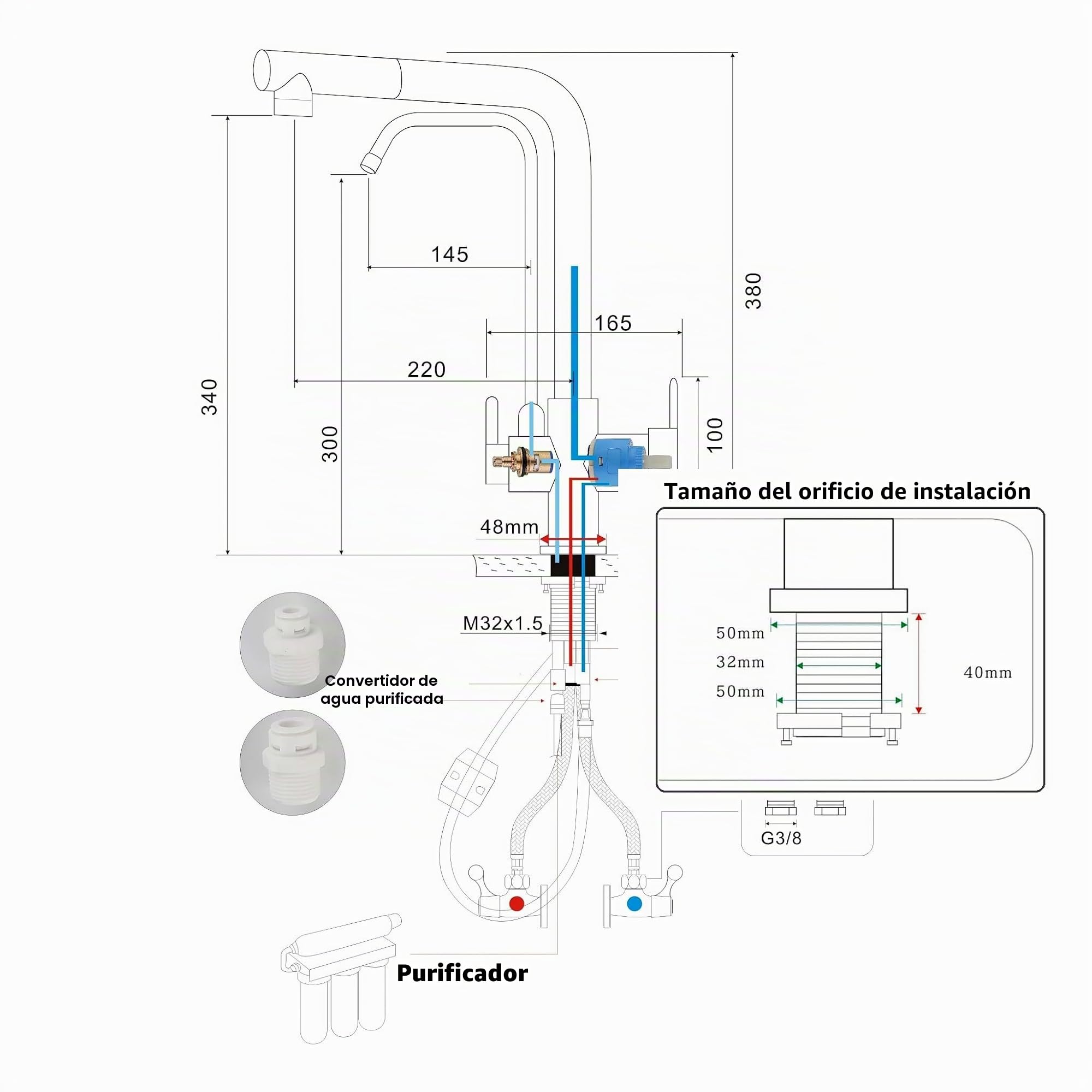 Grifo de Cocina Ósmosis 3 Vías con Ducha Extraíble, Giratorio 360°, Grifo Fregadero 3 en 1 para Agua Fría/Caliente y Agua Filtrada, Grifo para Ósmosis (cepillado)