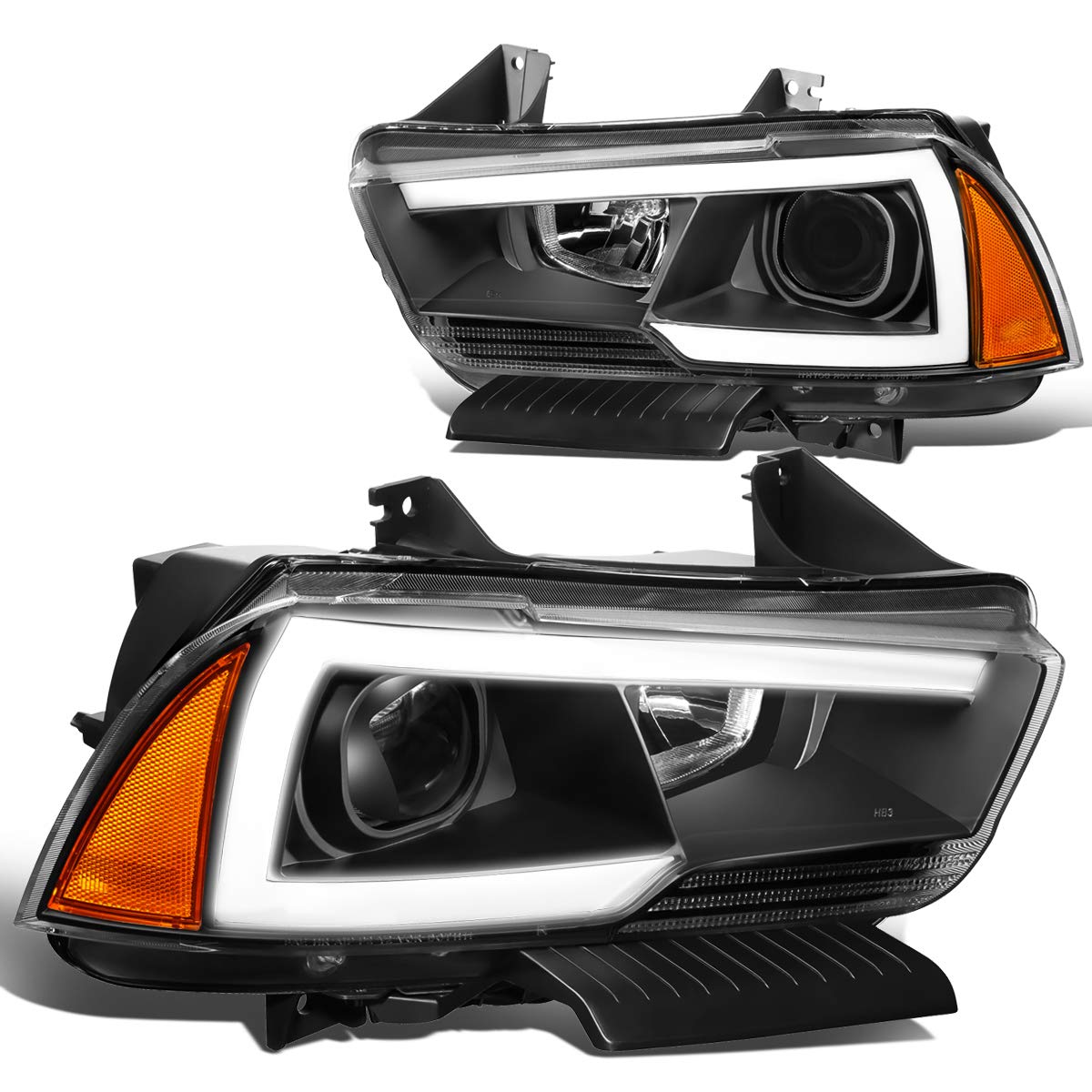 DNA MOTORING Black/Amber HL-LB-DCH11-BK-AM Pair LED DRL Projector Headlight Lamp Replacement Compatible with 11-14 Charger with Halogen Headlights