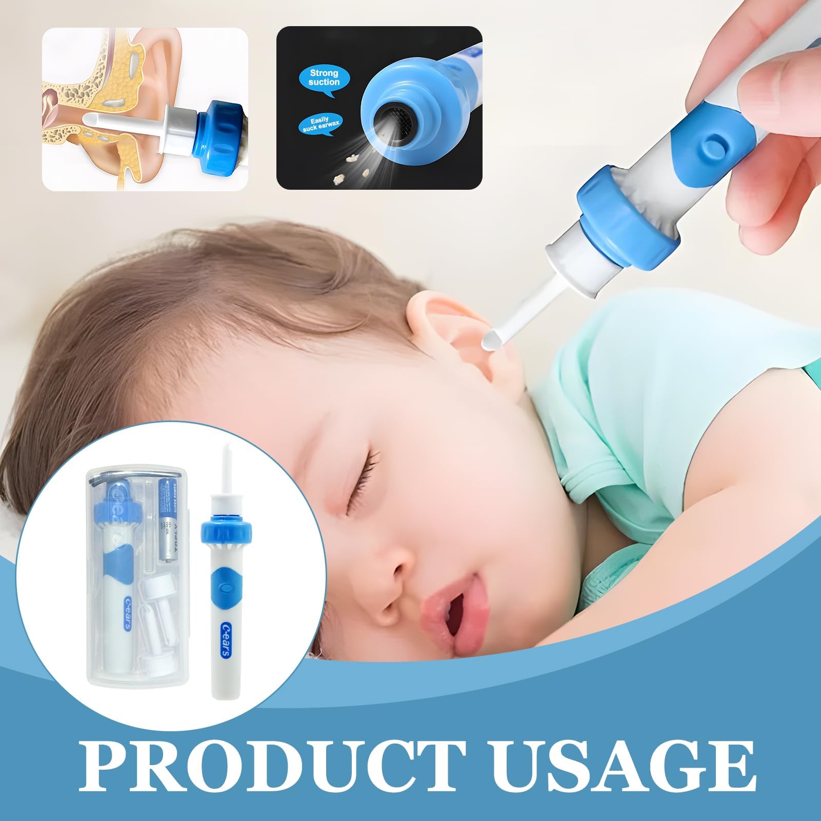 Aspiratore Cerume Orecchie Elettrico con 2 Testine Lavabili, Pulisci Orecchie a Vibrazione e Aspirazione, Pulizia Orecchie Sicura e Delicata per Adulti e Bambini, Aspira Cerume Professionale
