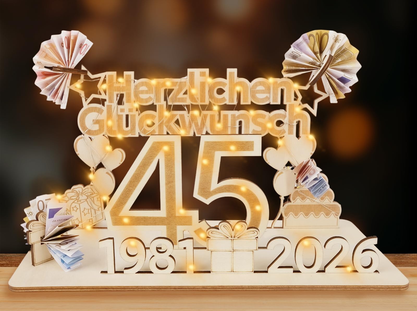 ARTREE Geldgeschenke Geburtstag Frau Mann, Holz Schild Gästebuch mit LED Lichterkette, Personalisiertes Geschenke Geburtstagszahlen, Geburtstag Deko, Hochzeit Deko