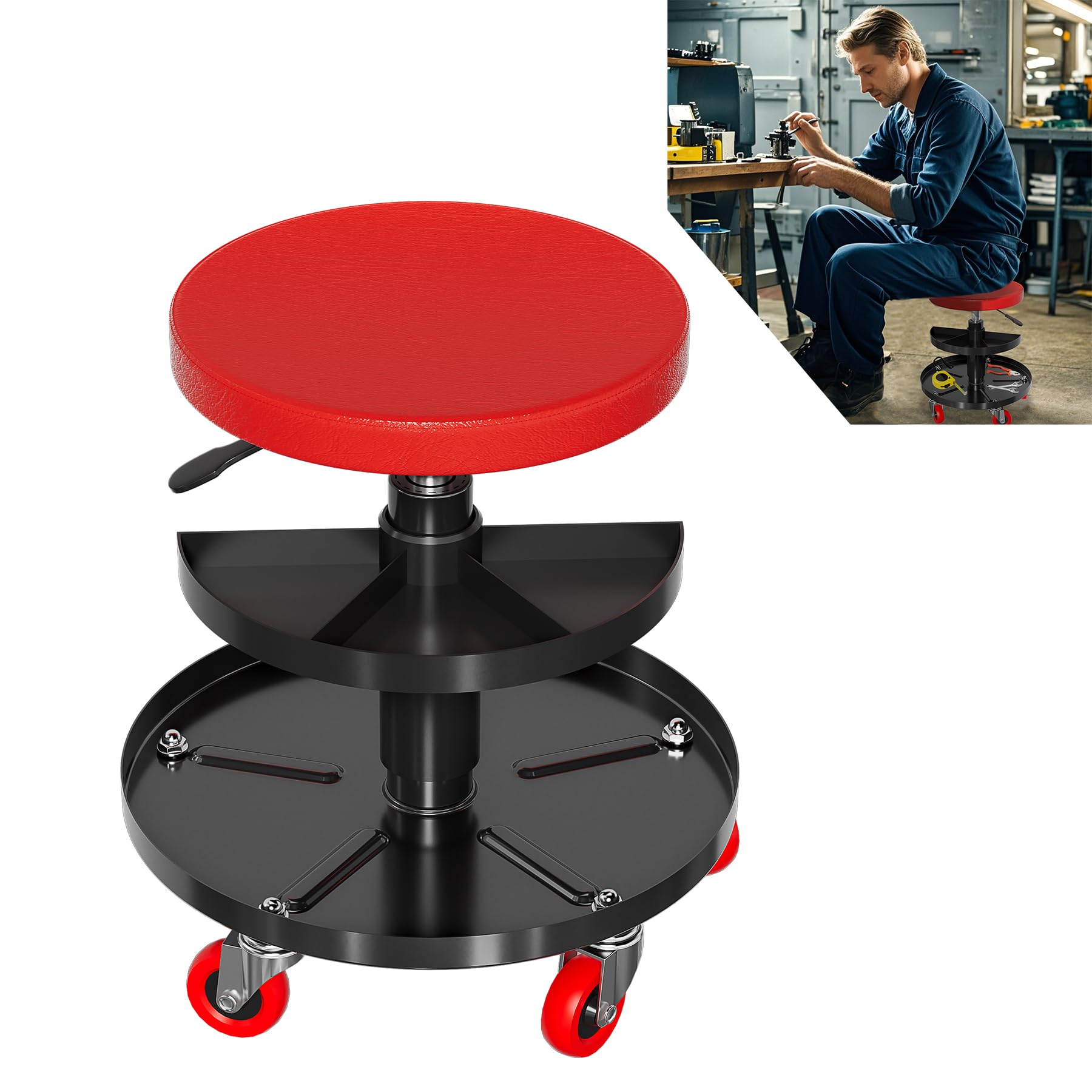 UISEBRT Taburete de taller móvil con bandeja y ruedas, taburete de garaje, capacidad de carga de 150 kg, para taller, cuidado de vehículos, mantenimiento de máquinas y bricolaje (redondo)