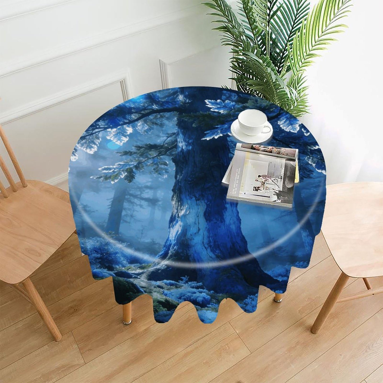 LDGSUPH Forest Tree Blue Round Tablecloth Cover Washable Luxurious Fabric Table Cover Decor Wrinkle Free Fashion Round Table Cloth for Home Dining Kitchen Party 60 in