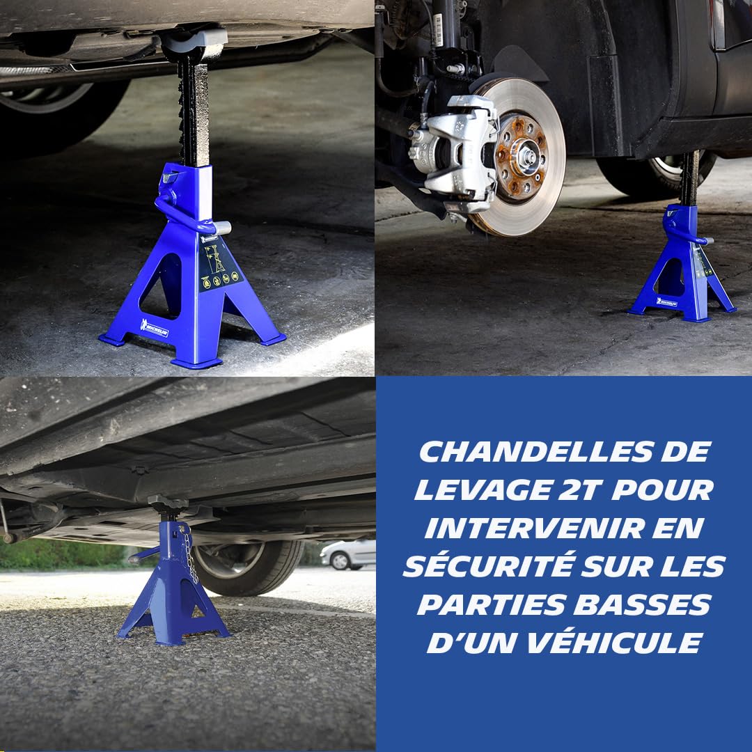 MICHELIN 009557 2 Chandelles de Levage à crémaillère 2 Tonnes - Hauteur réglable 280-415mm - Blocage Rapide Levier + Goupille de Sécurité - Pieds Larges Stables - Semelle Caoutchouc