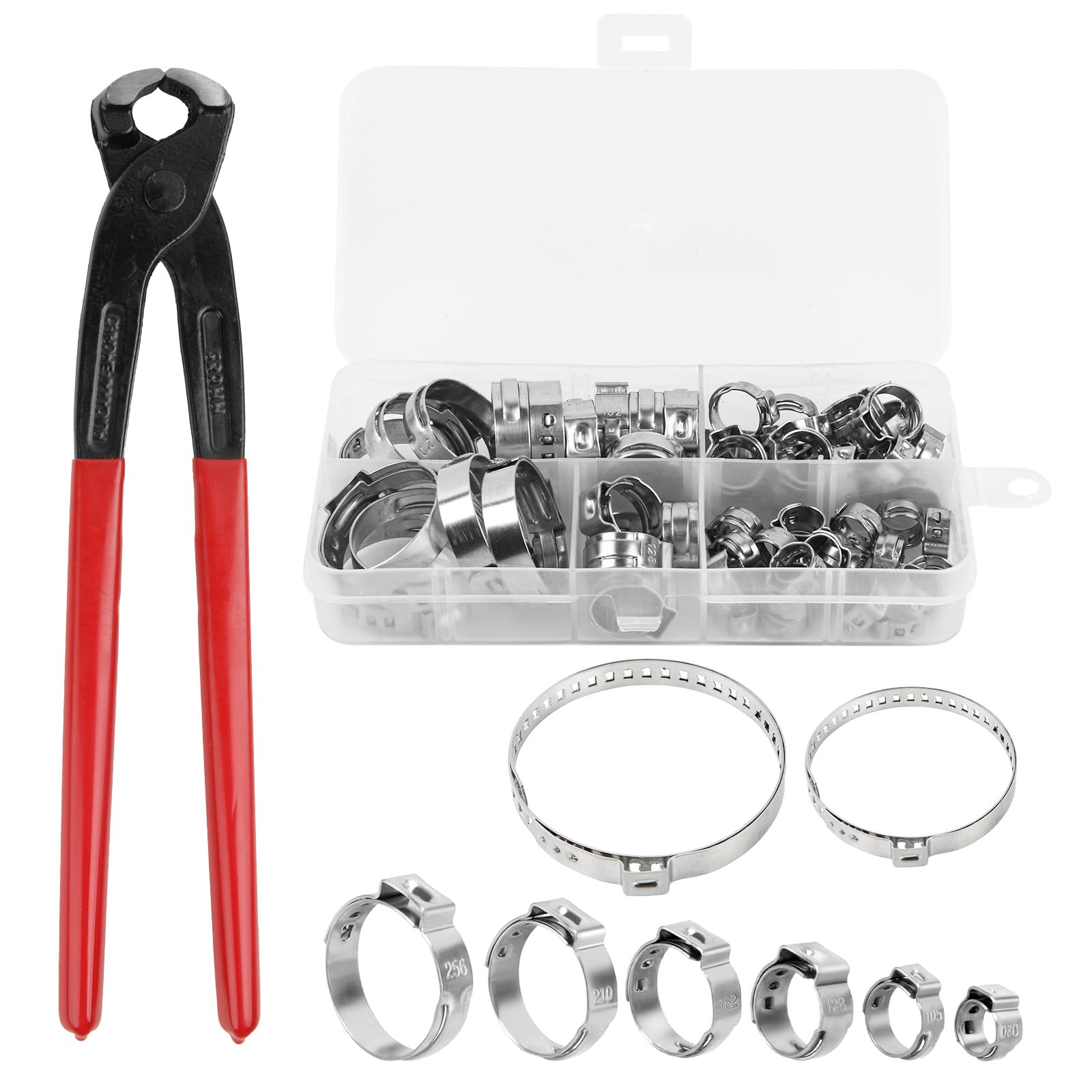 GEEKHOM 70 Stück Edelstahl Schlauchklemmen Einohr Schlauchschellen Set 304 Rostfrei 8 Größen 6,8–120mm mit Zange für Auto Industrie Schiffbau Rohre