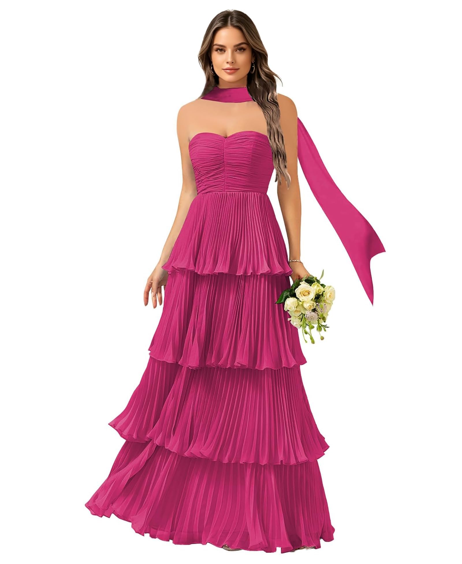 Vestidos largos de dama de honor de gasa sin tirantes escalonados con bufanda | Vestidos de graduación para mujer, vestido de invitada de boda, maxi plisado, formal, vestido de fiesta de noche con bufanda