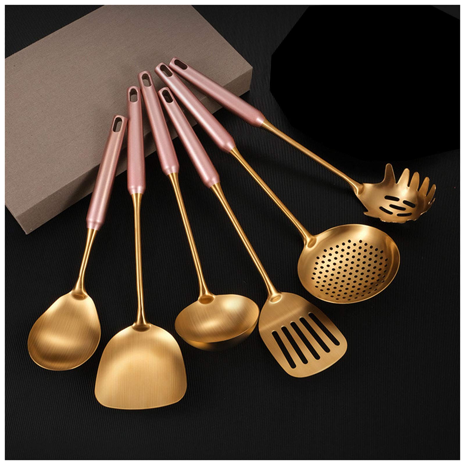 IUokLU Kitchen Stainless Steel Cooking Utensils Set, Serving Spoons, Includes Slotted Turner, Skimmer, Slotted Spoon, Solid Spoon (Pink)
