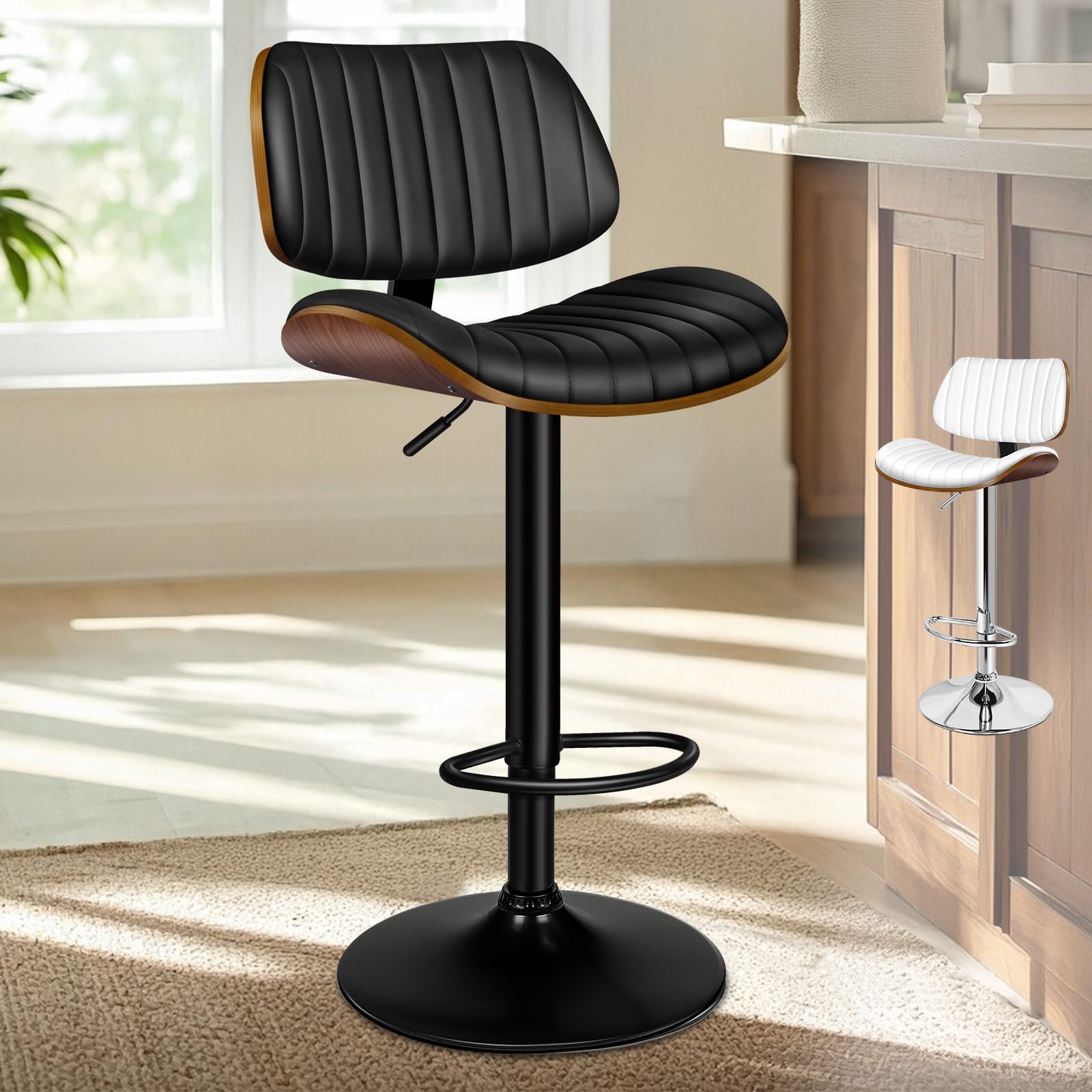 ALFORDSON Swivel Bar Stools, Adjustable Bentwood Barstools for Home Pub, Mid-Century Modern PU Leather Upholstered Bar Chair with Back and Footrest, for Kitchen Island, Dining Room, Black, 150kg, 1PC โ image 1
