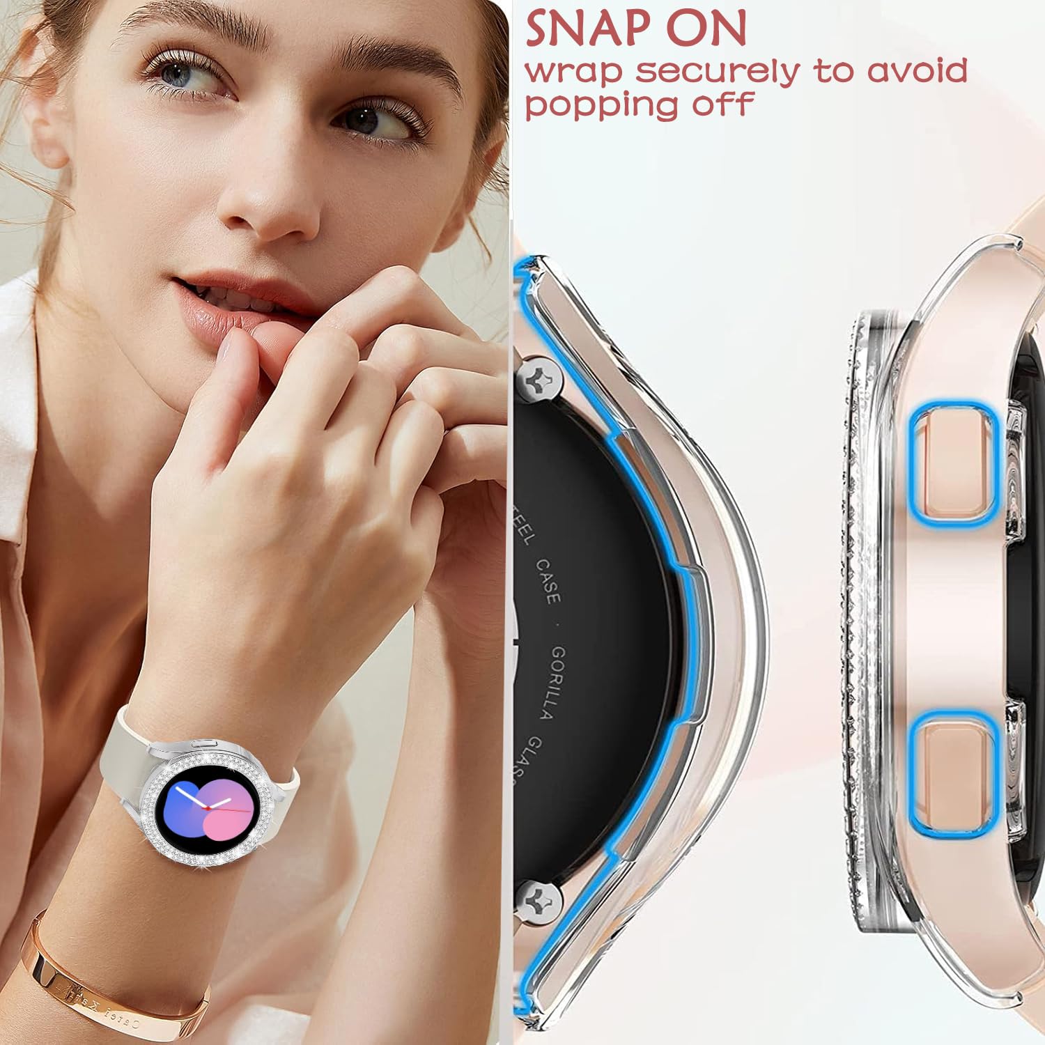 DEALELE [2-PACK] Case Compatible with Samsung Galaxy Watch 5/4 44mm, Bling Single-Row Diamond PC Protective Case Replacement Watch Cover Bumper (44mm, Gold+Transparent) — view 12